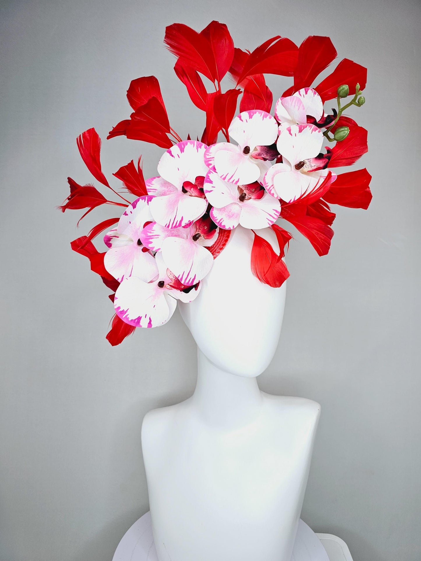 kentucky derby hat fascinator large white pink and red satin silk orchid flowers with scarlet red branching feathers