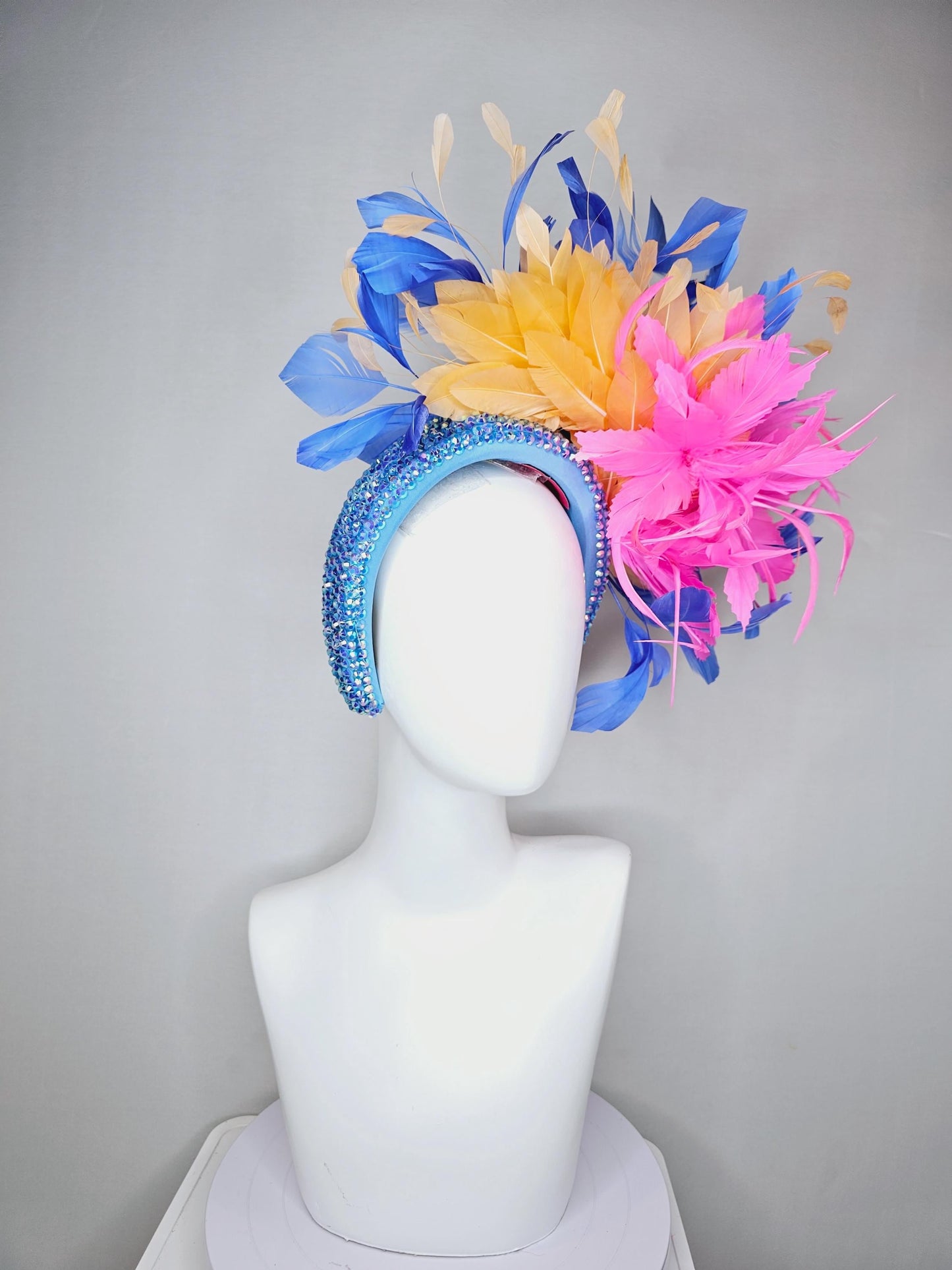 kentucky derby hat fascinator iridescent sky blue crystal headband pink zigzag feather flowers light tangerine orange cobalt blue feathers