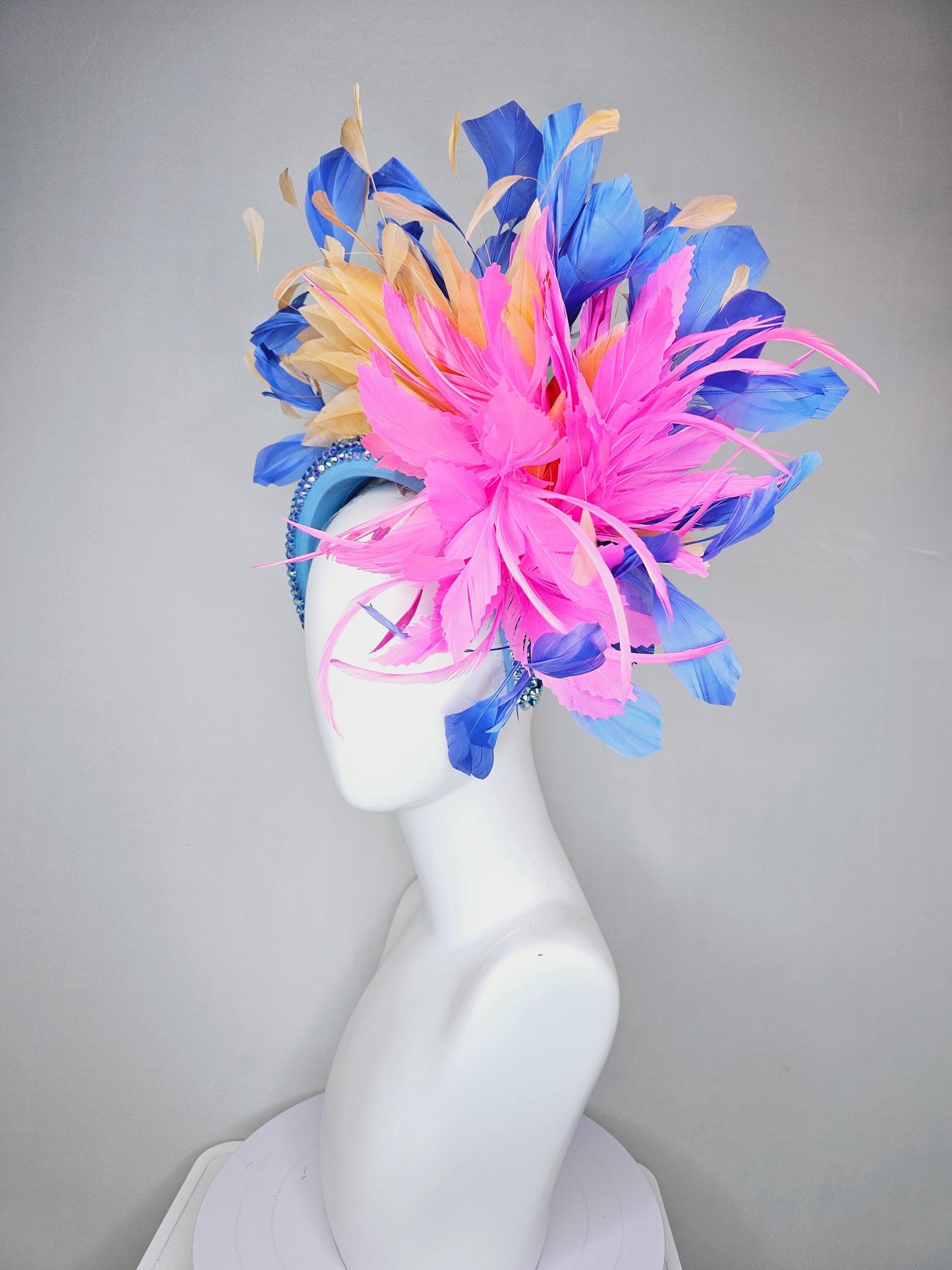 kentucky derby hat fascinator iridescent sky blue crystal headband pink zigzag feather flowers light tangerine orange cobalt blue feathers