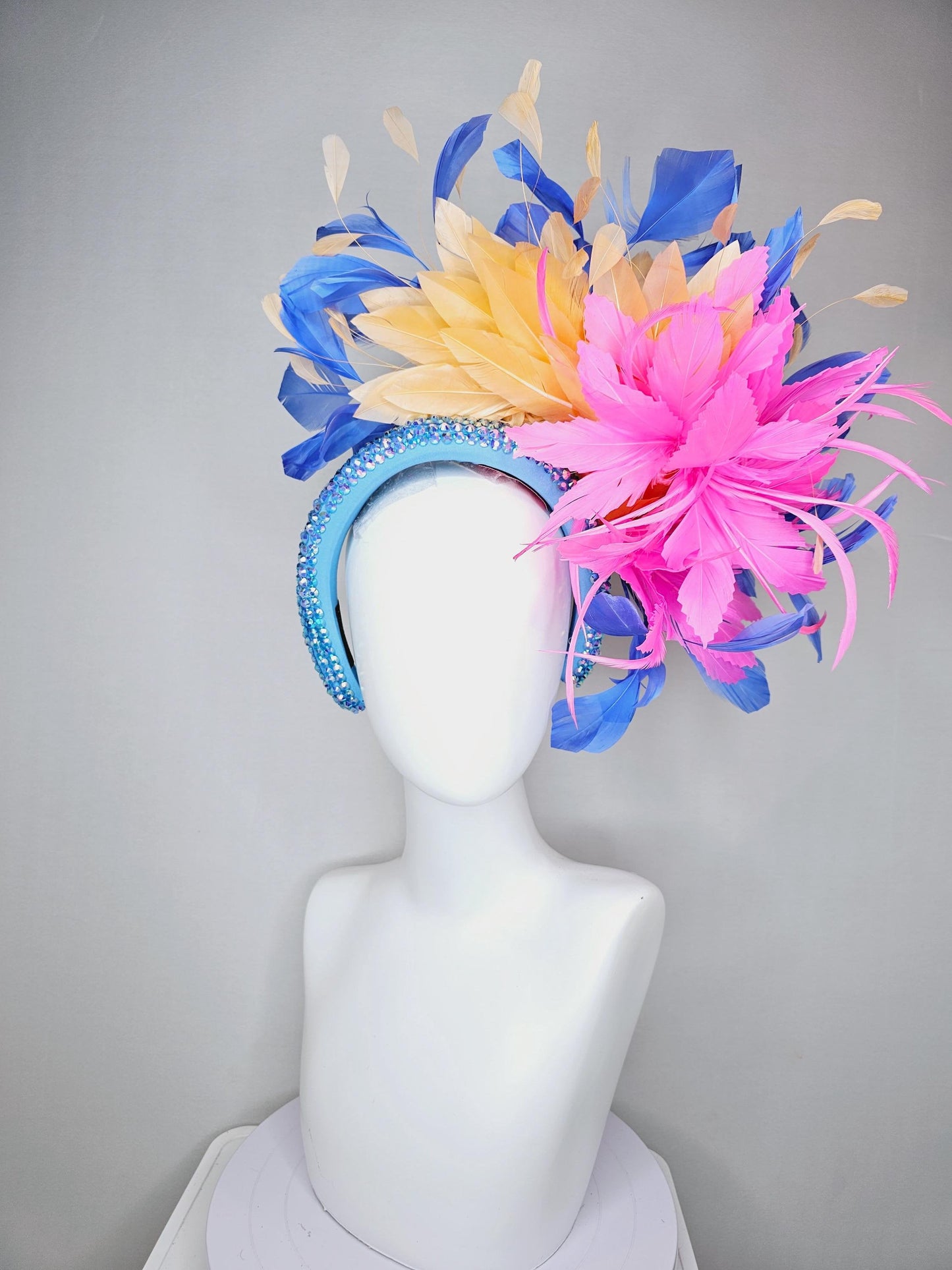 kentucky derby hat fascinator iridescent sky blue crystal headband pink zigzag feather flowers light tangerine orange cobalt blue feathers