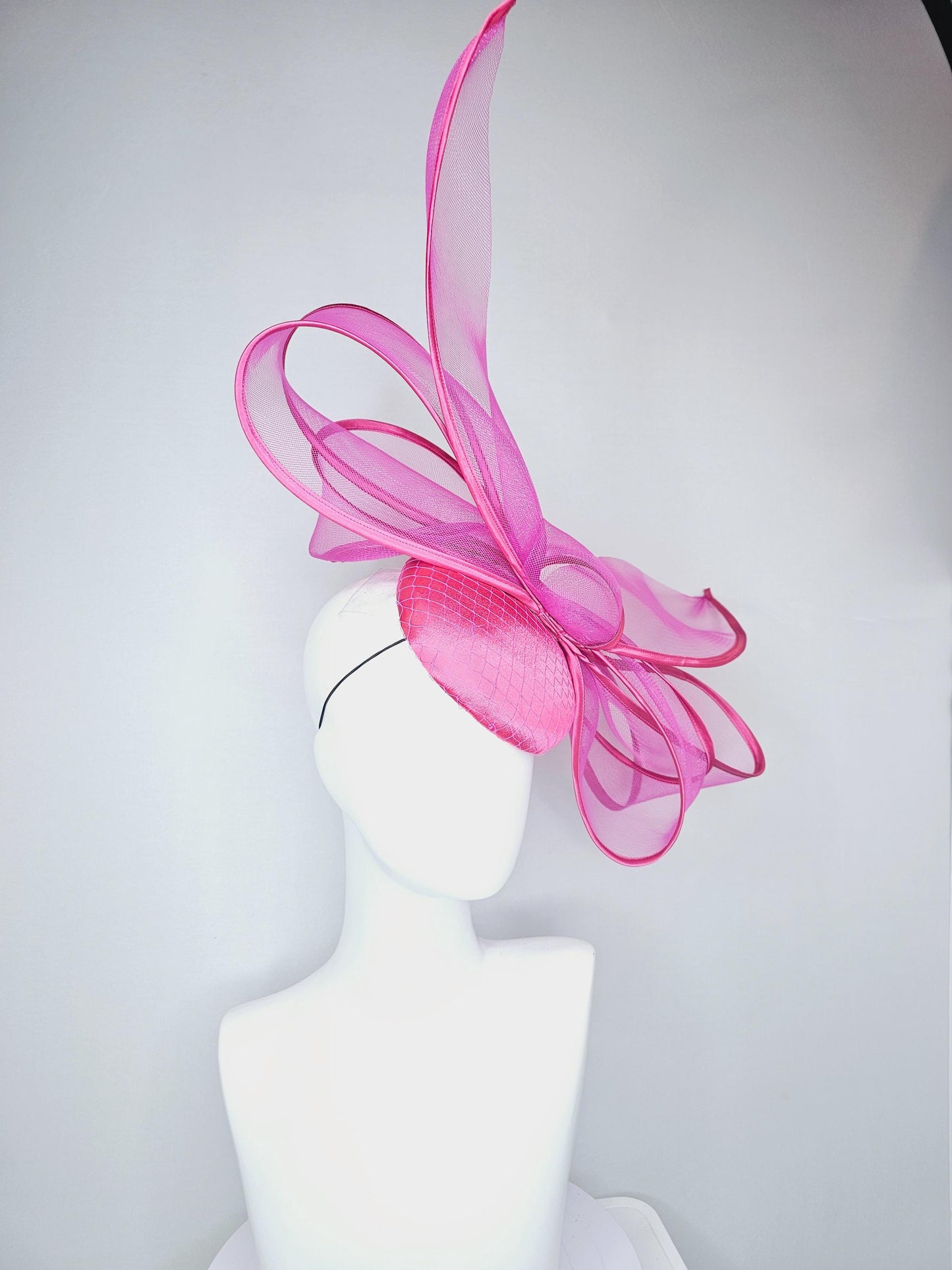 kentucky derby hat fascinator hot pink satin base with mesh with very large fuchsia pink mesh bow with matching pink satin trim
