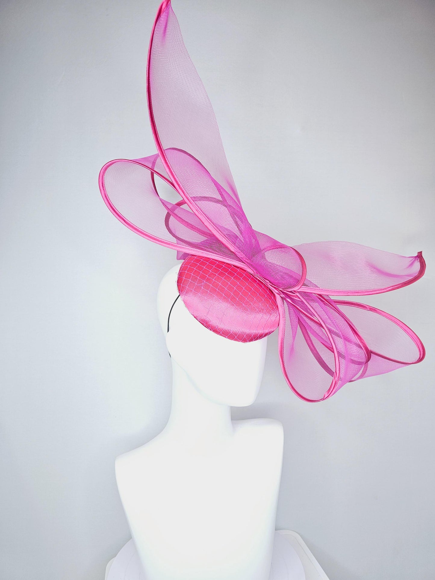 kentucky derby hat fascinator hot pink satin base with mesh with very large fuchsia pink mesh bow with matching pink satin trim