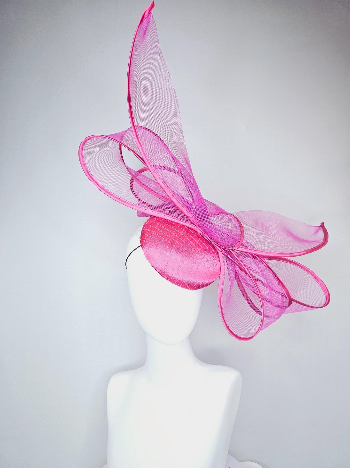 kentucky derby hat fascinator hot pink satin base with mesh with very large fuchsia pink mesh bow with matching pink satin trim