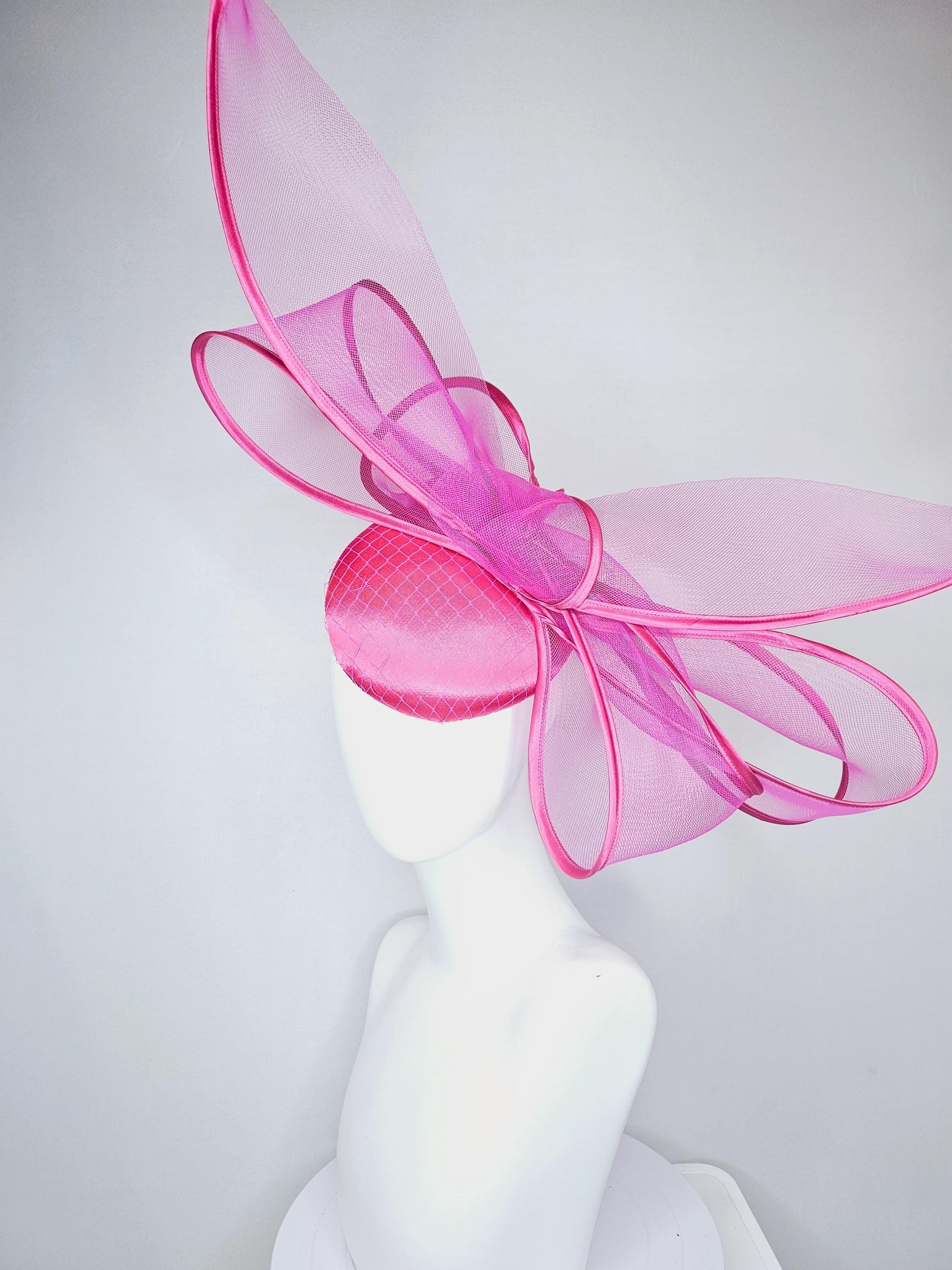 kentucky derby hat fascinator hot pink satin base with mesh with very large fuchsia pink mesh bow with matching pink satin trim