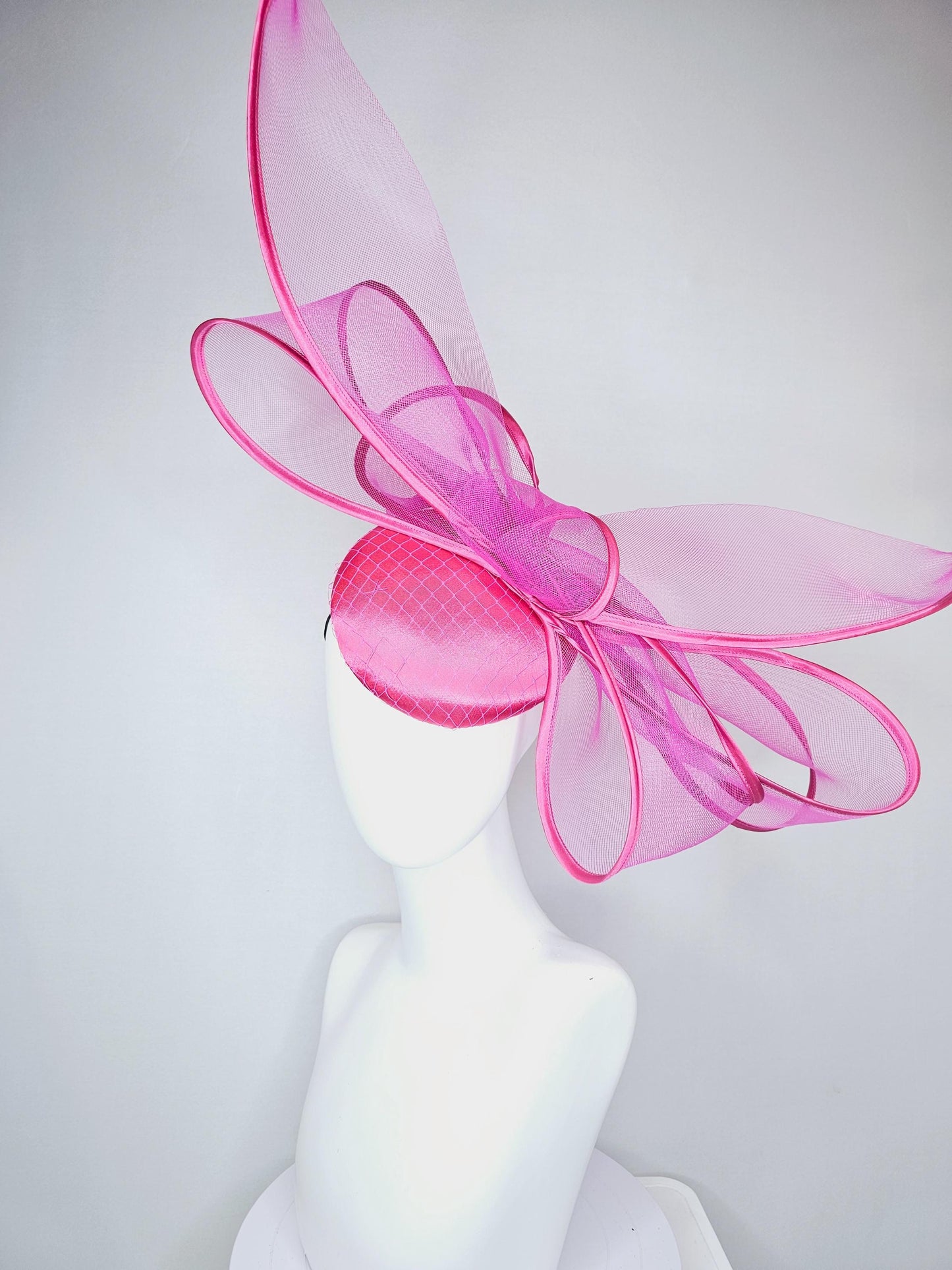 kentucky derby hat fascinator hot pink satin base with mesh with very large fuchsia pink mesh bow with matching pink satin trim