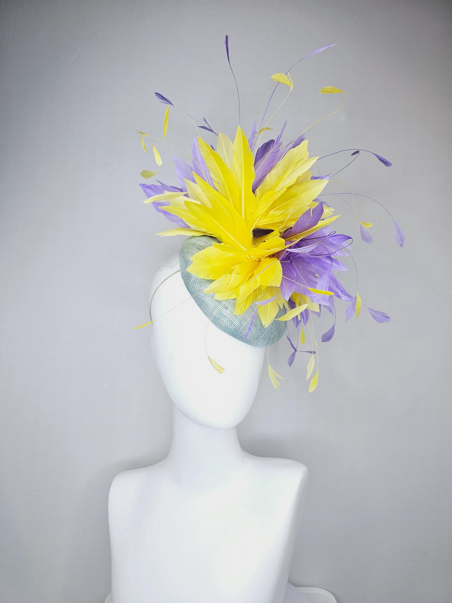 kentucky derby hat fascinator light blue sinamay base with bright yellow and lavender purple feathers