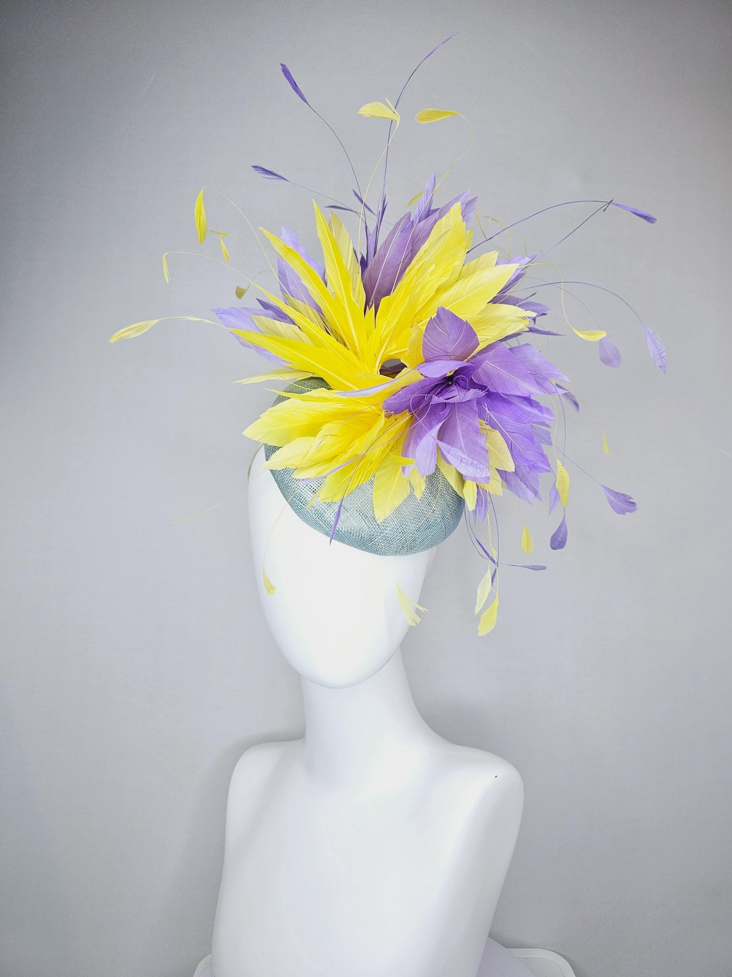 kentucky derby hat fascinator light blue sinamay base with bright yellow and lavender purple feathers