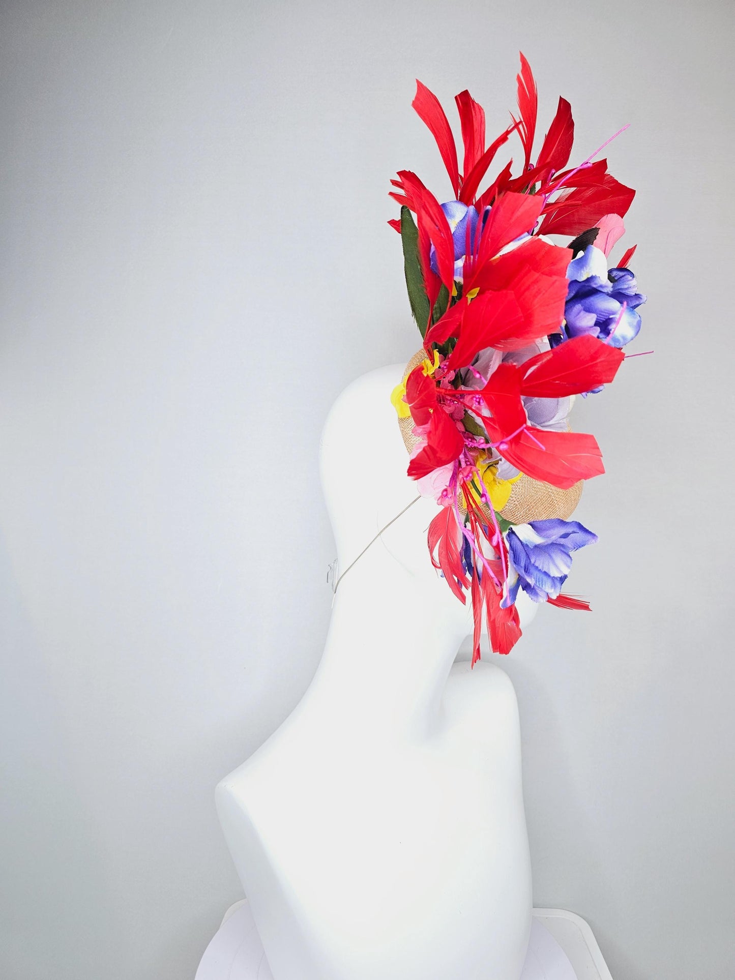 kentucky derby hat fascinator neutral beige sinamay with light purple white satin roses purple blue pink yellow satin flowers red feathers