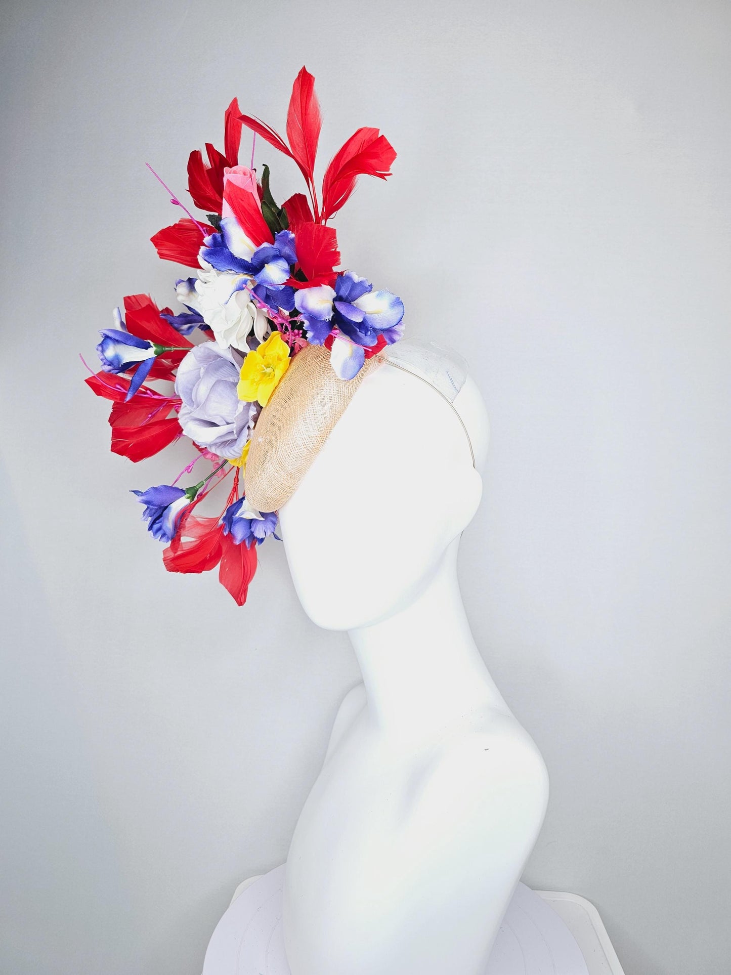 kentucky derby hat fascinator neutral beige sinamay with light purple white satin roses purple blue pink yellow satin flowers red feathers