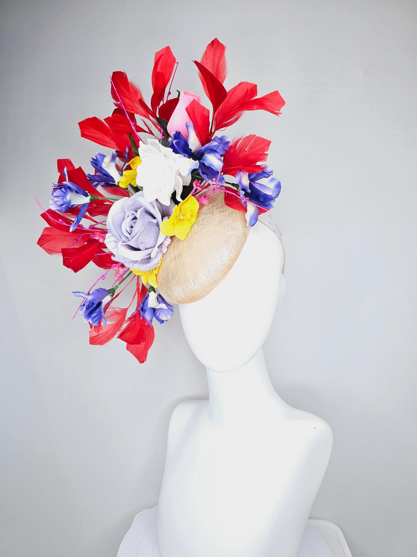 kentucky derby hat fascinator neutral beige sinamay with light purple white satin roses purple blue pink yellow satin flowers red feathers
