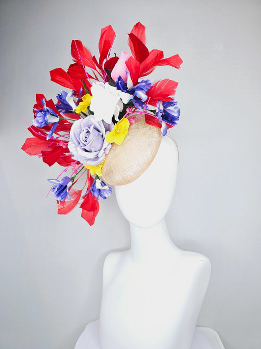 kentucky derby hat fascinator neutral beige sinamay with light purple white satin roses purple blue pink yellow satin flowers red feathers