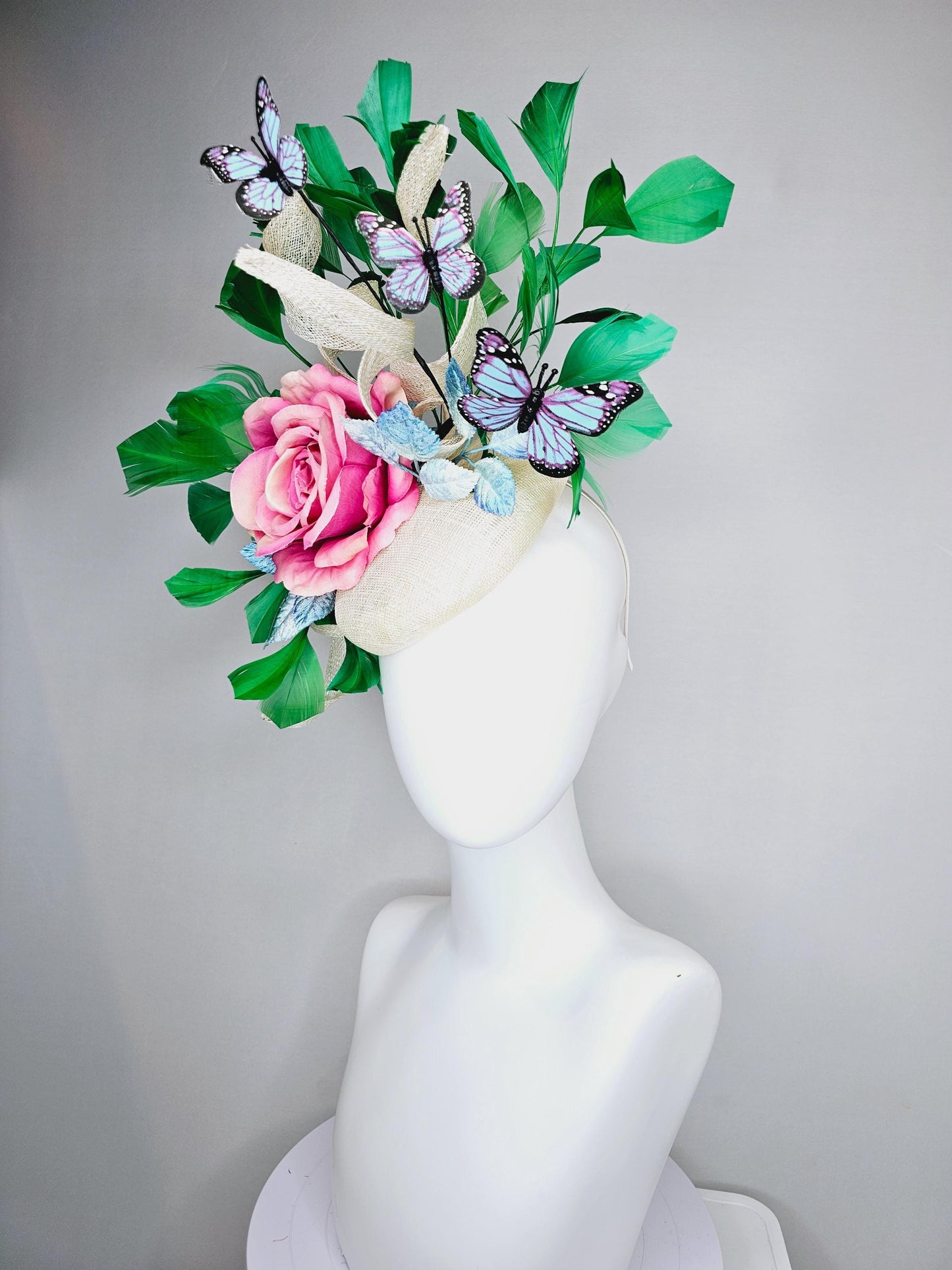 kentucky derby hat fascinator ivory white sinamay w/ curls, ombre pink satin rose, ombre blue leaves,emerald green feathers,blue butterflies