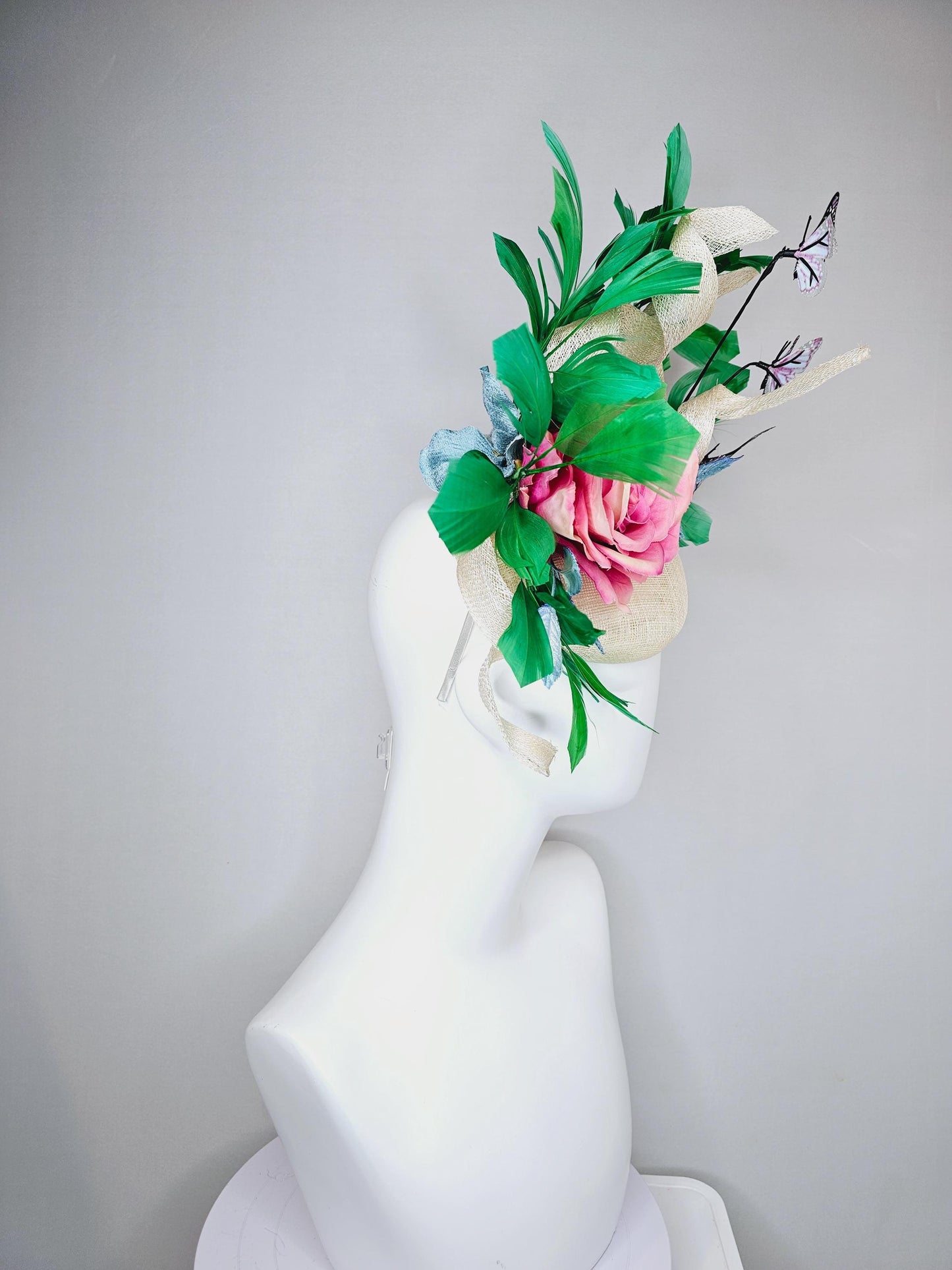 kentucky derby hat fascinator ivory white sinamay w/ curls, ombre pink satin rose, ombre blue leaves,emerald green feathers,blue butterflies