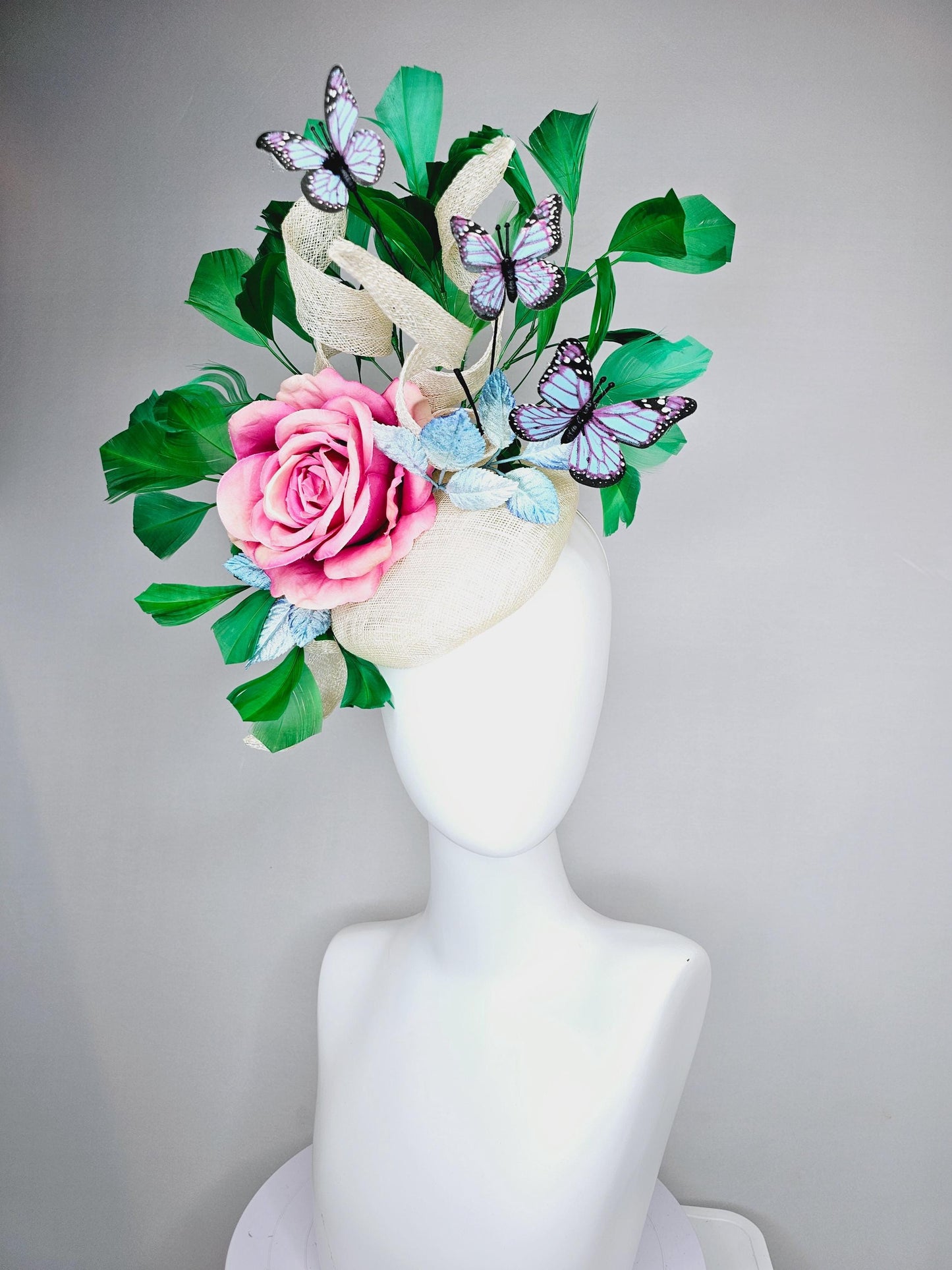 kentucky derby hat fascinator ivory white sinamay w/ curls, ombre pink satin rose, ombre blue leaves,emerald green feathers,blue butterflies