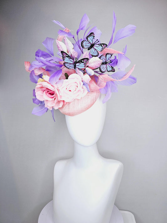 kentucky derby hat fascinator blush pink sinamay w/curls,light pink satin roses,pink purple leaves,lavender purple feathers,blue butterflies