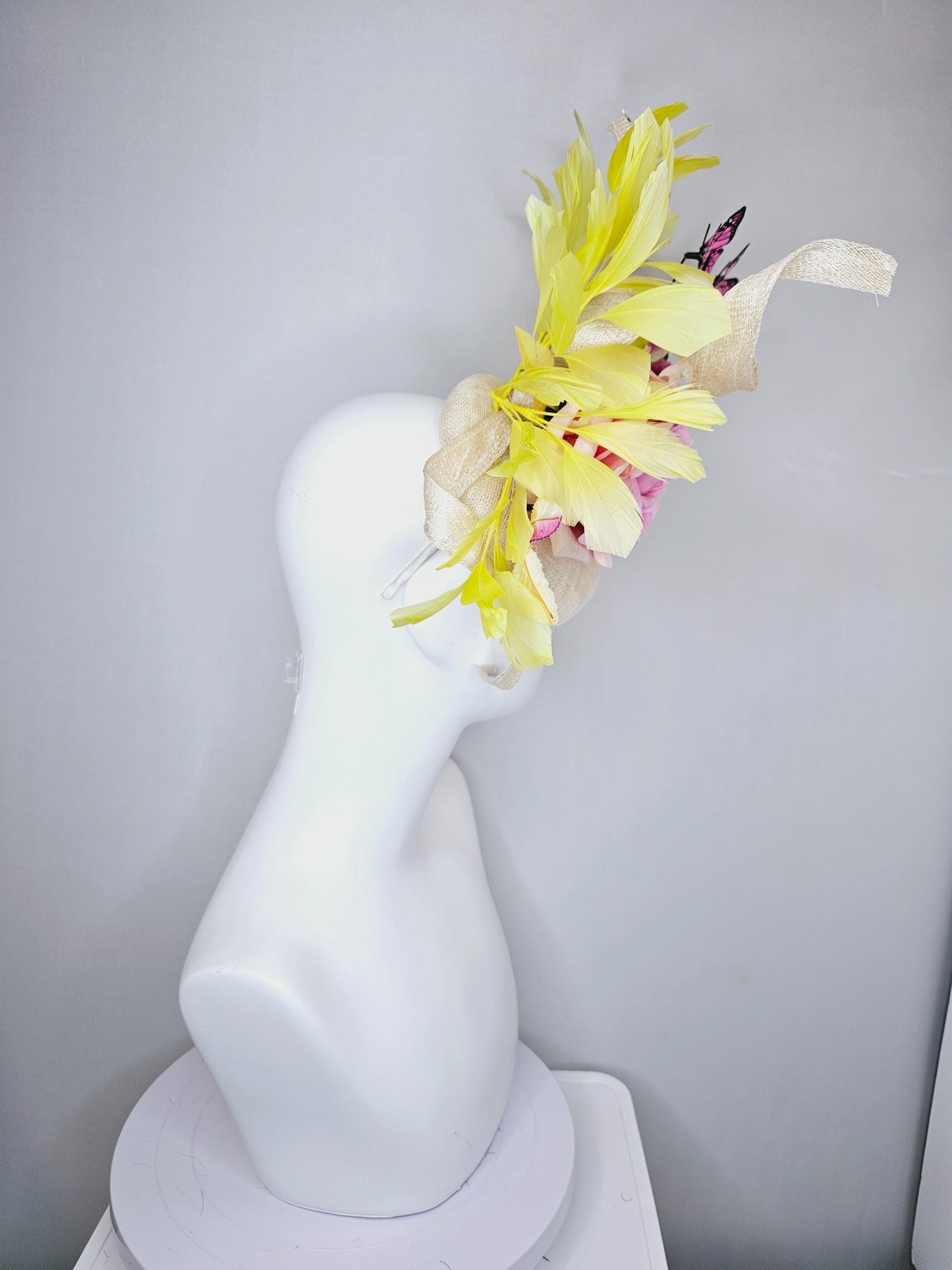 kentucky derby hat fascinator ivory white sinamay w/ curls, ombre pink satin rose, ombre pink yellow leaves,yellow feathers,pink butterflies