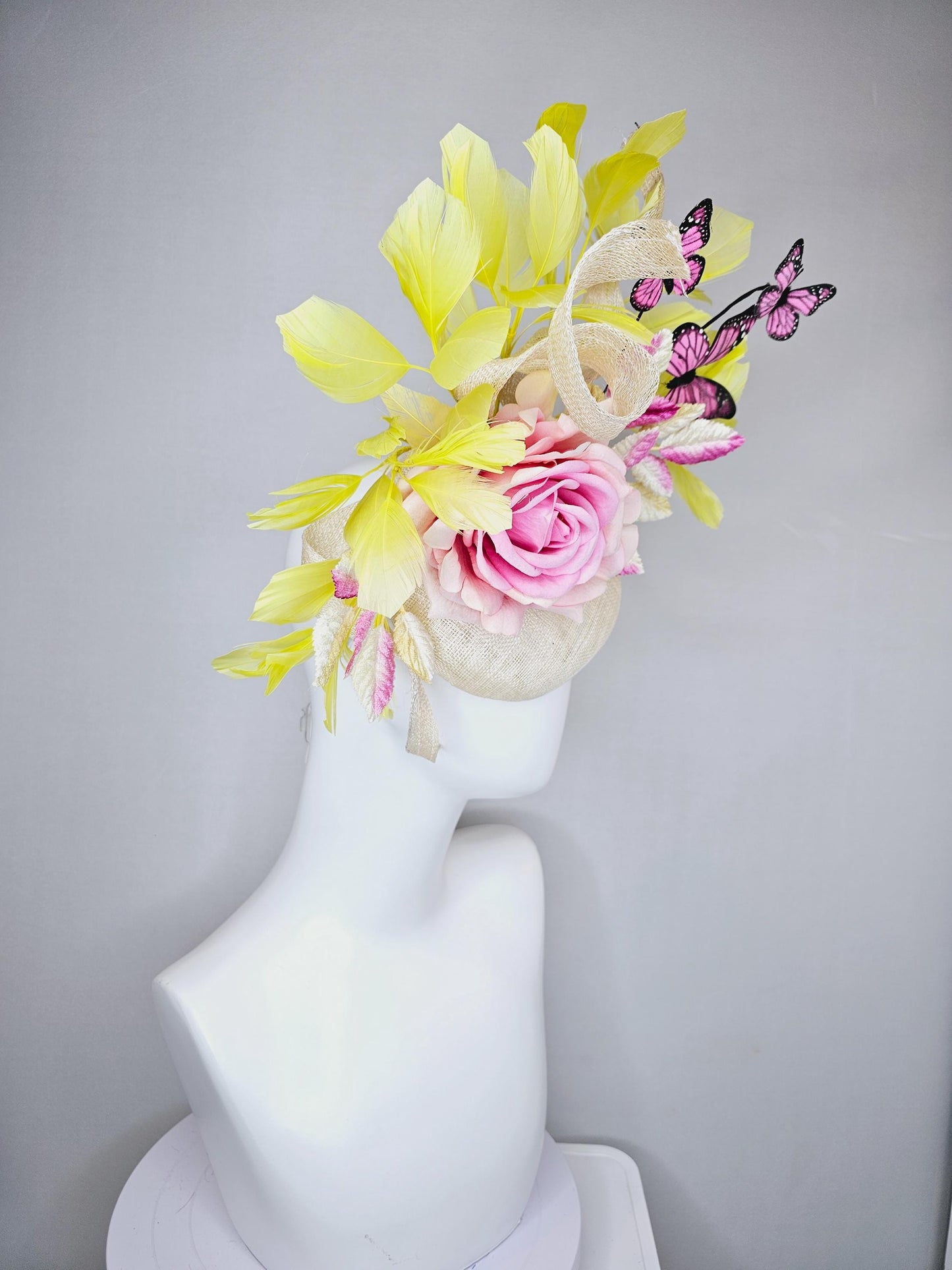 kentucky derby hat fascinator ivory white sinamay w/ curls, ombre pink satin rose, ombre pink yellow leaves,yellow feathers,pink butterflies