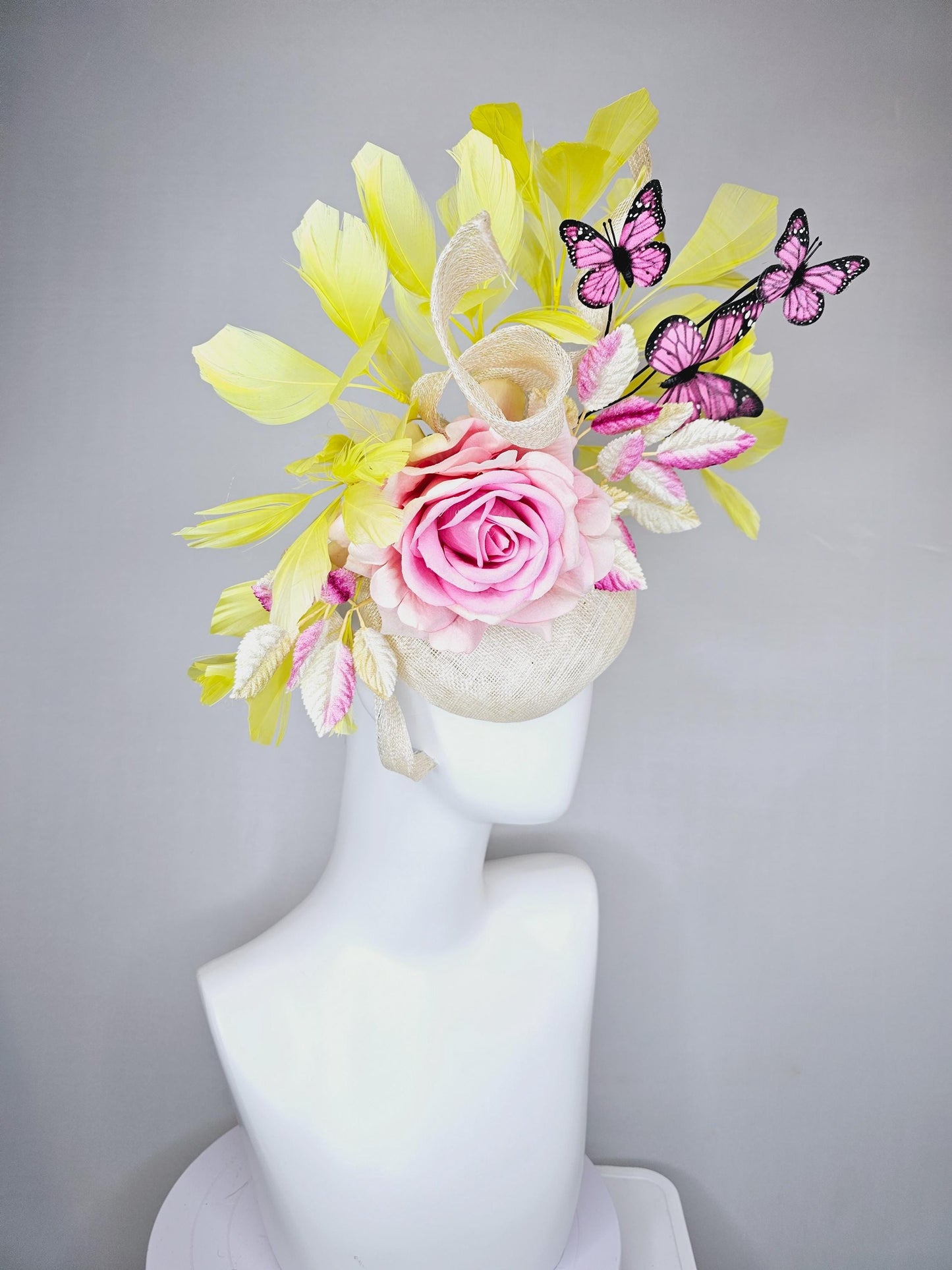 kentucky derby hat fascinator ivory white sinamay w/ curls, ombre pink satin rose, ombre pink yellow leaves,yellow feathers,pink butterflies