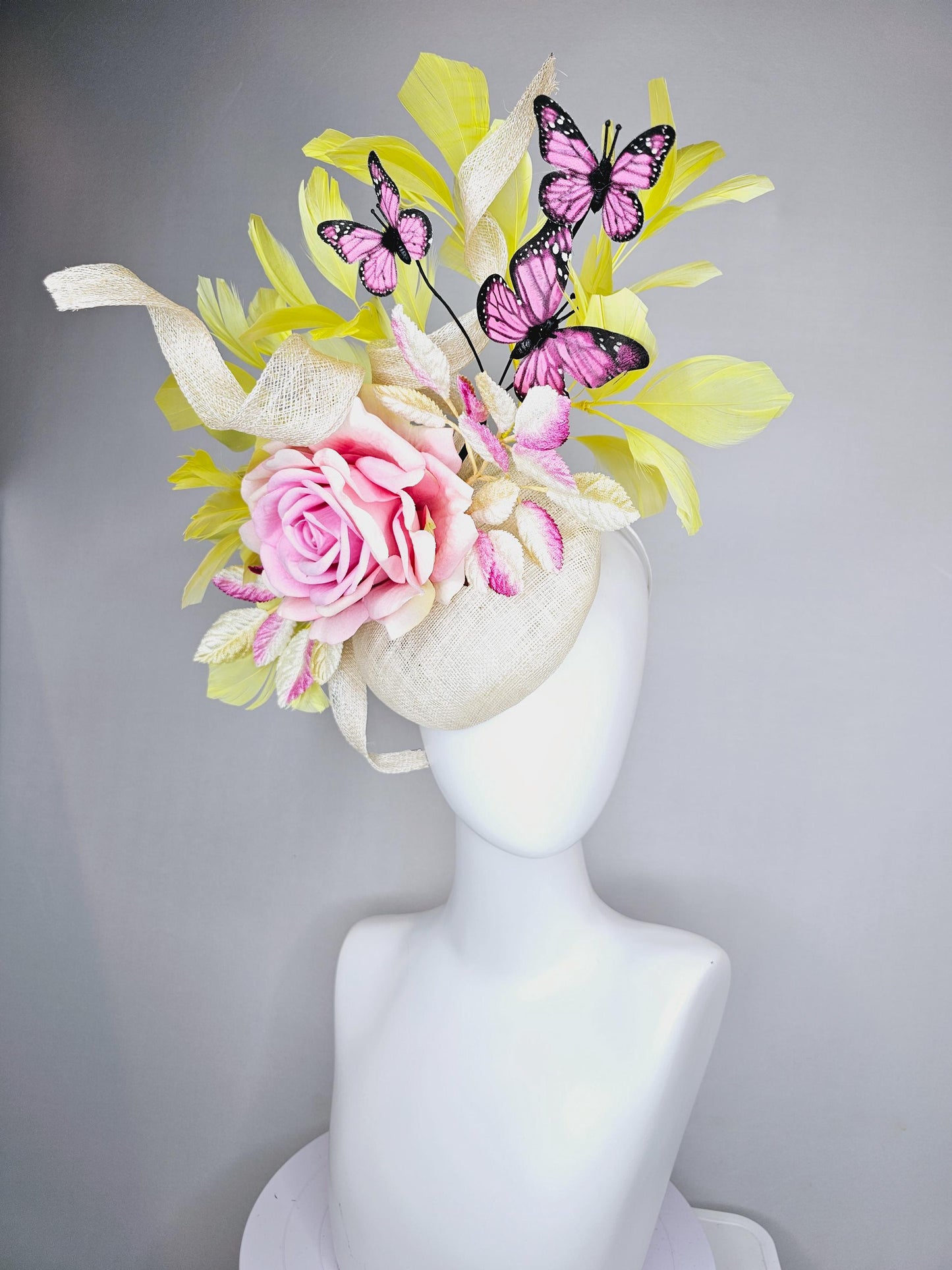 kentucky derby hat fascinator ivory white sinamay w/ curls, ombre pink satin rose, ombre pink yellow leaves,yellow feathers,pink butterflies