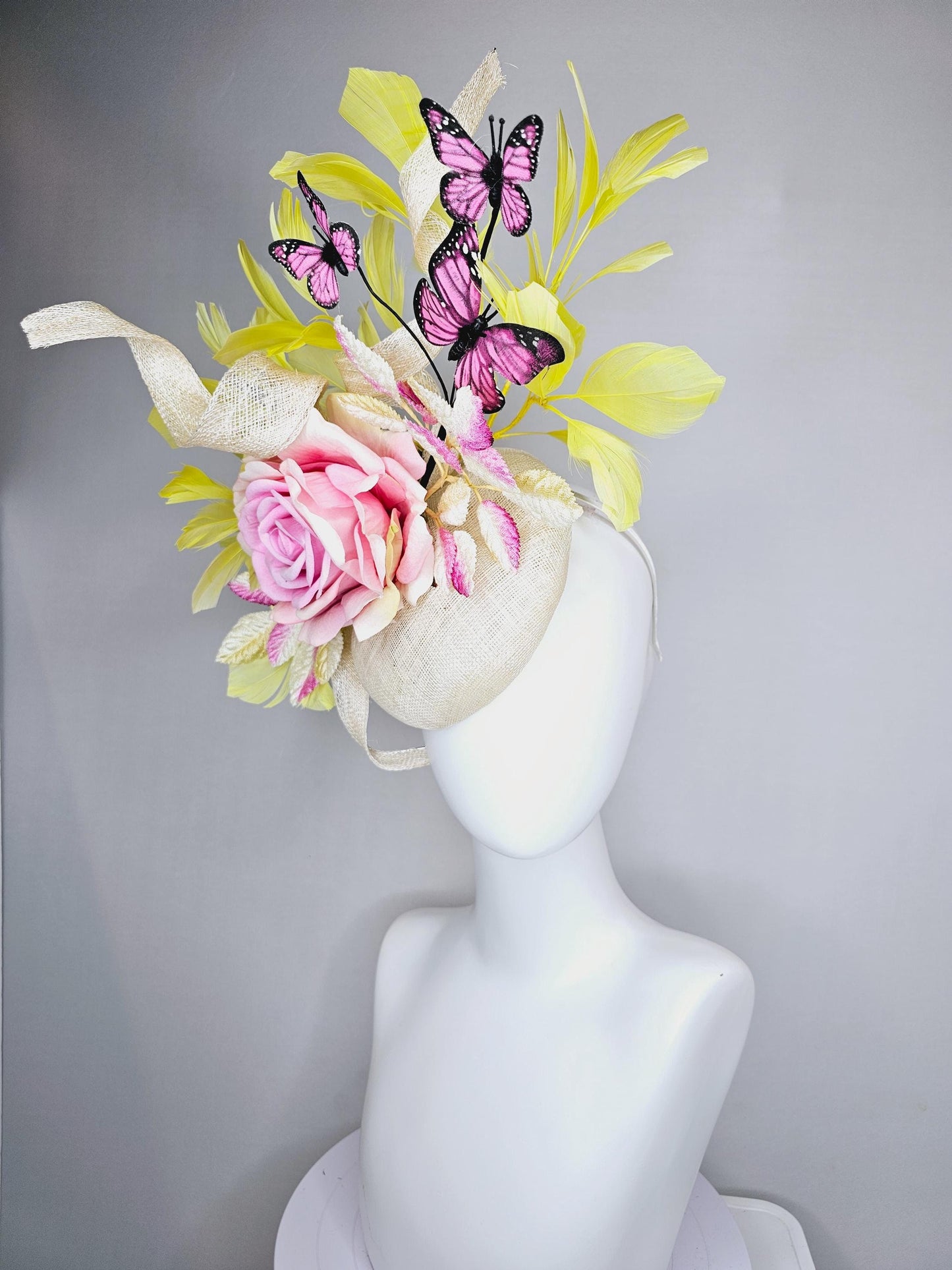 kentucky derby hat fascinator ivory white sinamay w/ curls, ombre pink satin rose, ombre pink yellow leaves,yellow feathers,pink butterflies