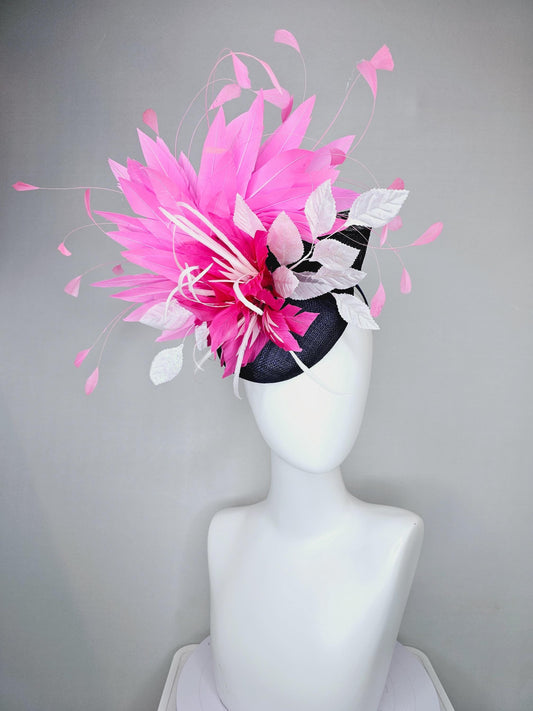 kentucky derby hat fascinator navy blue sinamay with hot pink feather flower, white velvet leaves and blush pink branching feathers