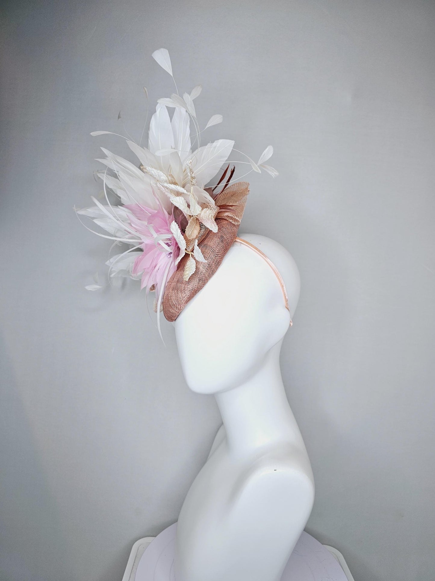 kentucky derby hat fascinator dusty rose pink sinamay with light pink lilac feather flower,white gold velvet leaves,white branching feathers