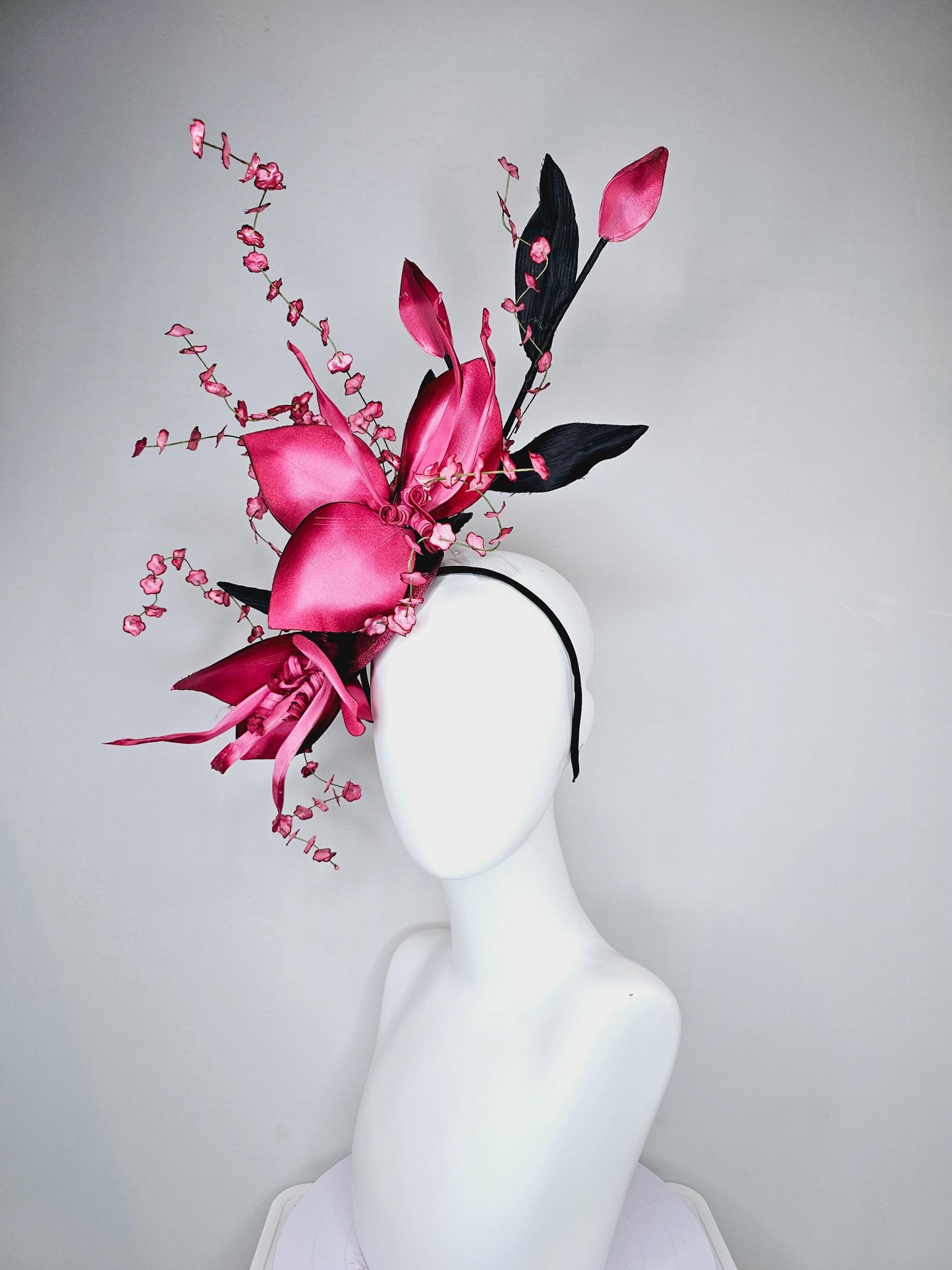 kentucky derby hat fascinator large ombre raspberry pink satin flowers with curls,black satin leaves,ombre pink flower stems on sinamay base