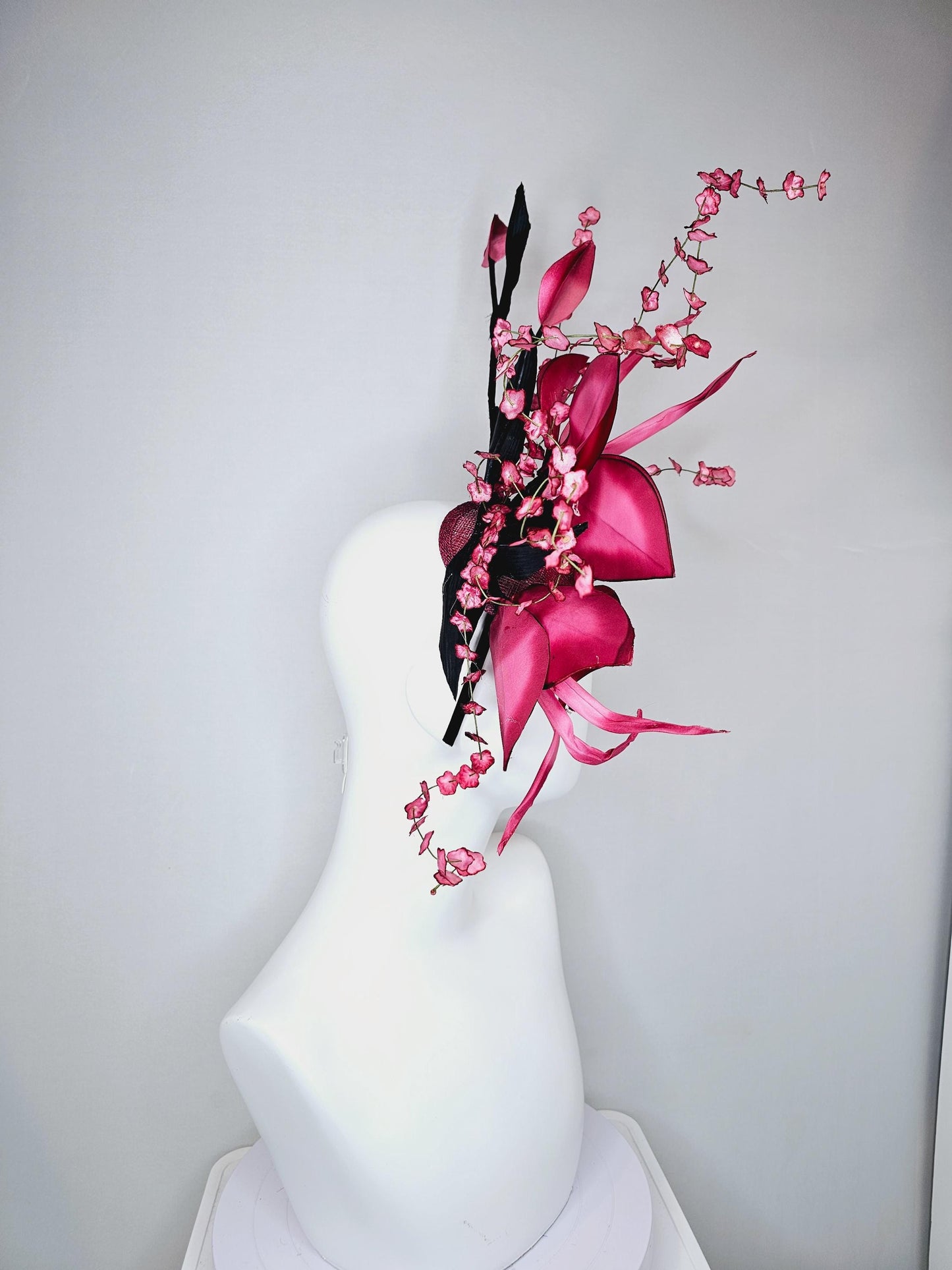 kentucky derby hat fascinator large ombre raspberry pink satin flowers with curls,black satin leaves,ombre pink flower stems on sinamay base