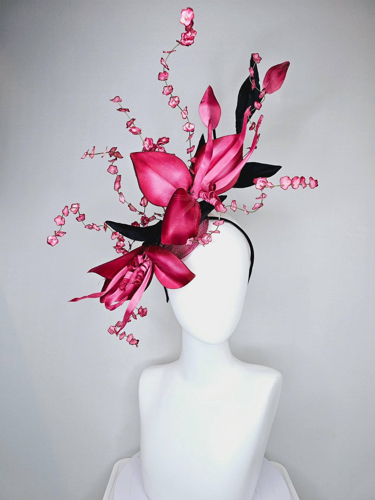 kentucky derby hat fascinator large ombre raspberry pink satin flowers with curls,black satin leaves,ombre pink flower stems on sinamay base