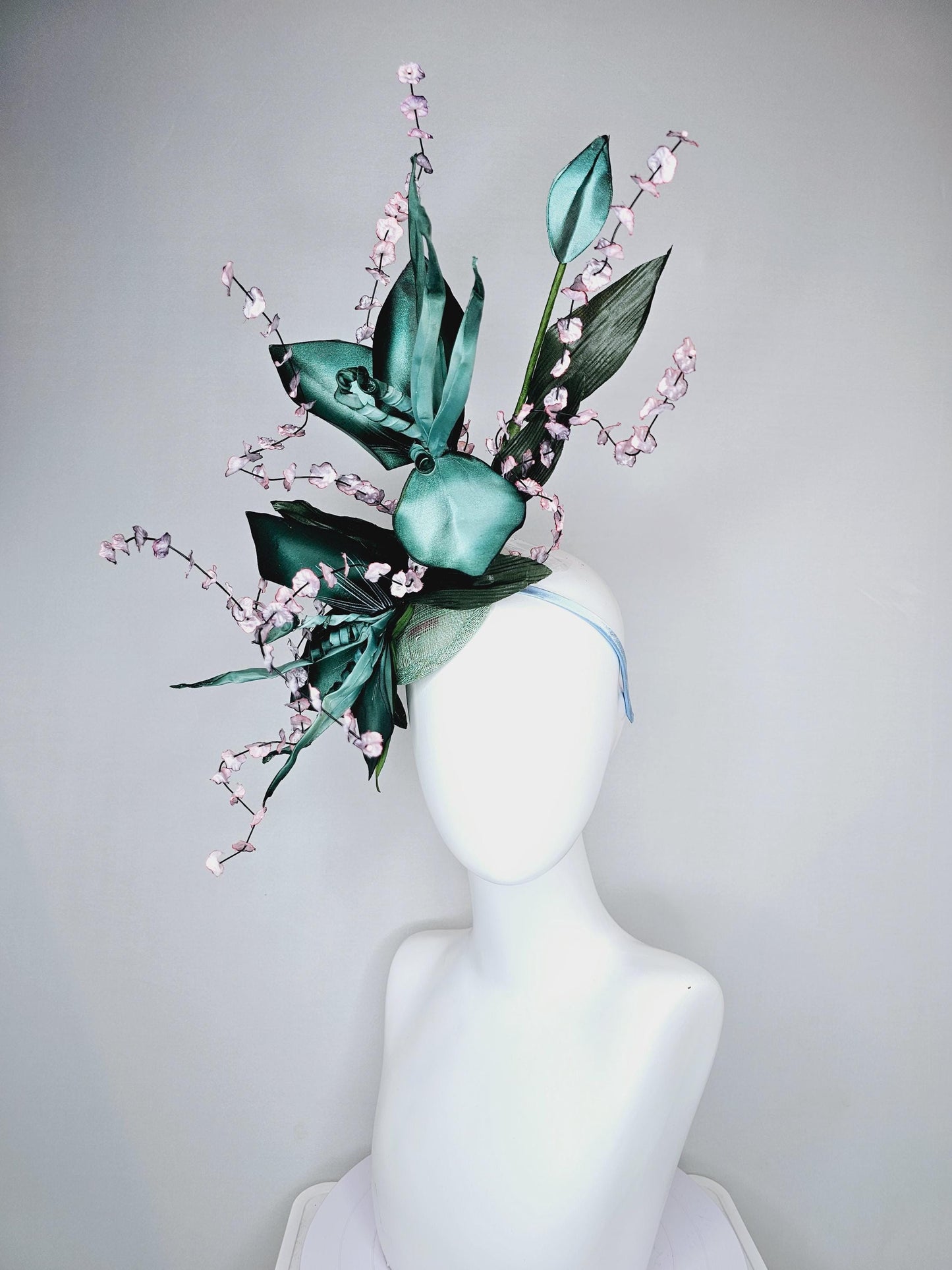 kentucky derby hat fascinator large ombre teal green satin flowers w/ curls,olive green satin leaves,ombre pink flower stems on sinamay base