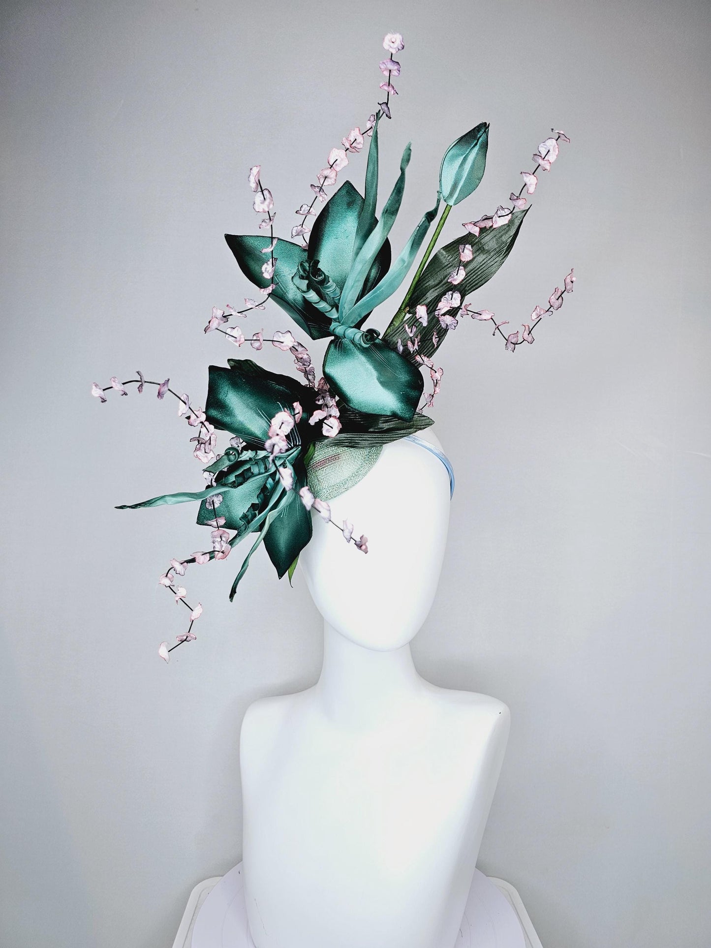 kentucky derby hat fascinator large ombre teal green satin flowers w/ curls,olive green satin leaves,ombre pink flower stems on sinamay base