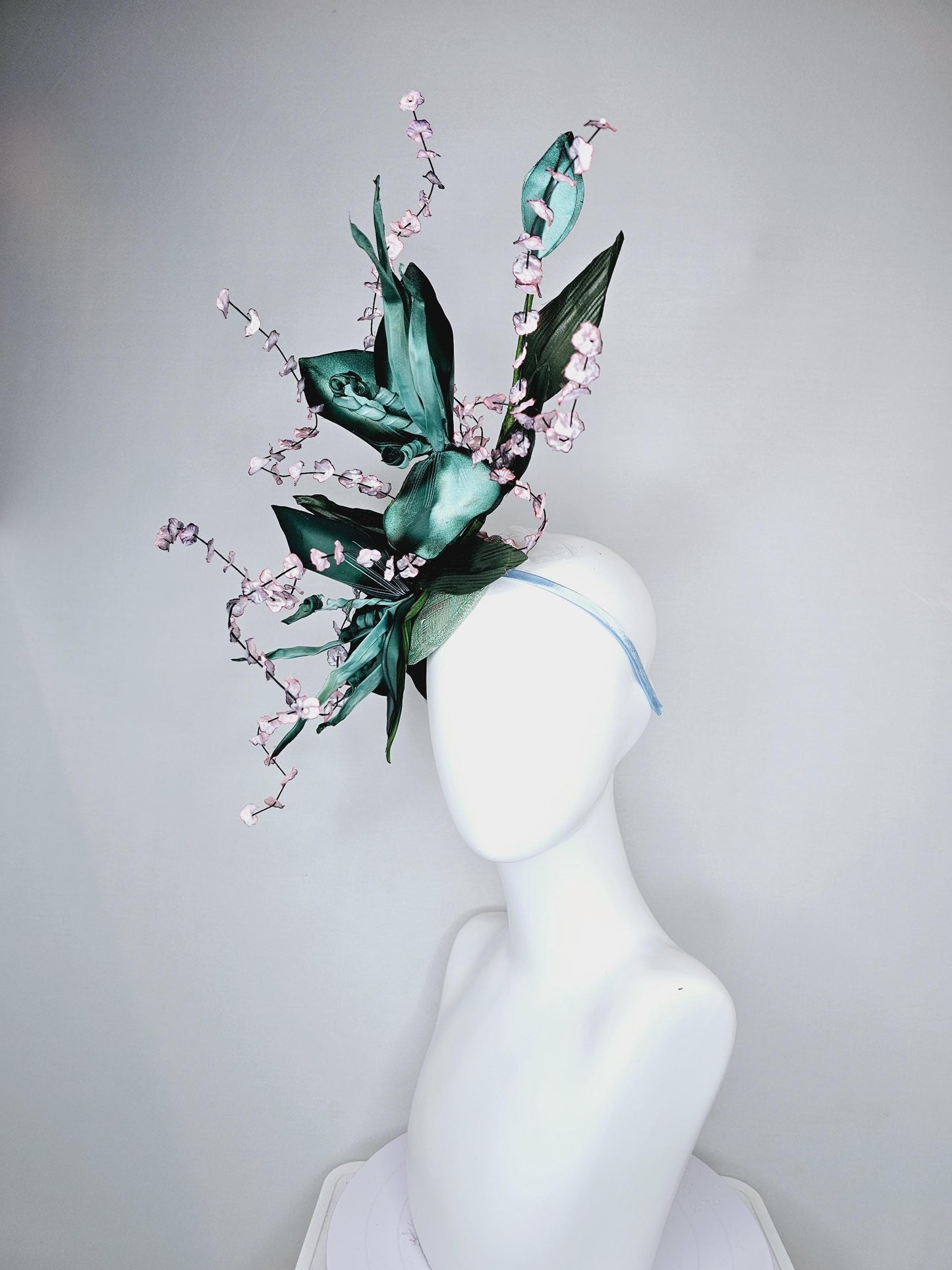 kentucky derby hat fascinator large ombre teal green satin flowers w/ curls,olive green satin leaves,ombre pink flower stems on sinamay base