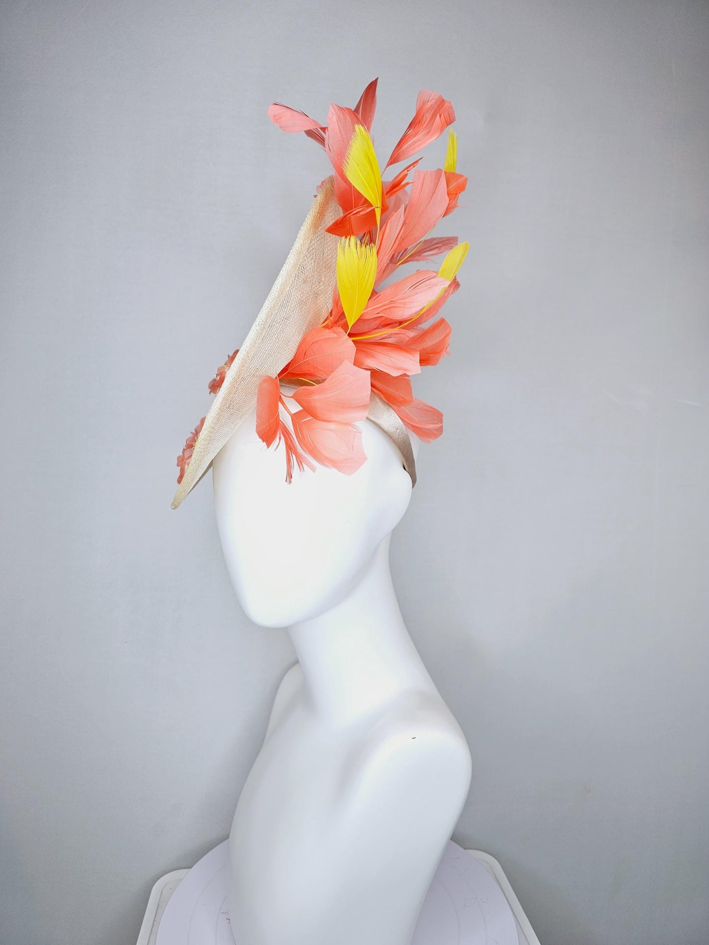 kentucky derby hat fascinator ivory white sinamay saucer with peach orange yellow sequin crystal beaded flowers,peach orange yellow feathers