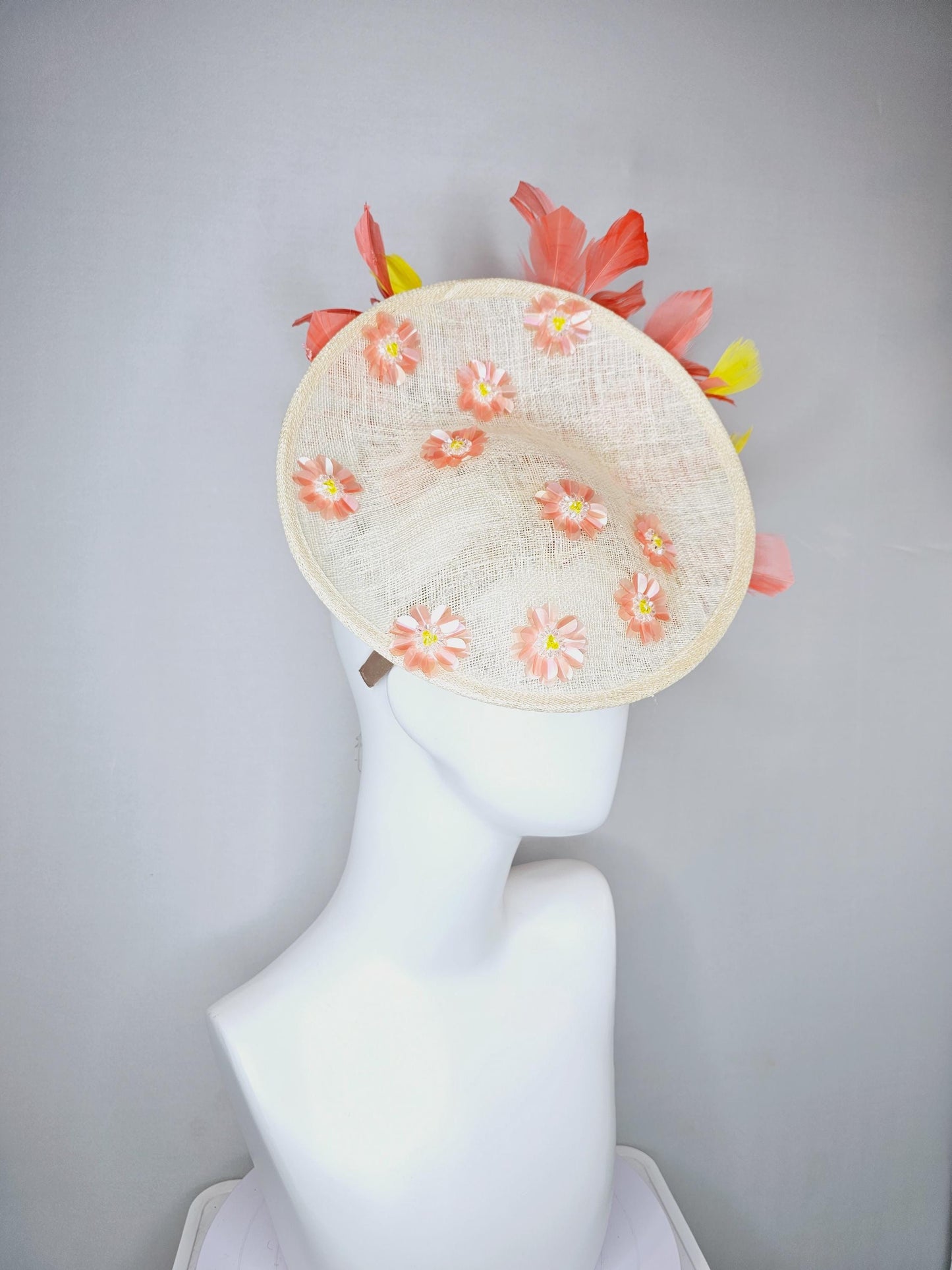 kentucky derby hat fascinator ivory white sinamay saucer with peach orange yellow sequin crystal beaded flowers,peach orange yellow feathers