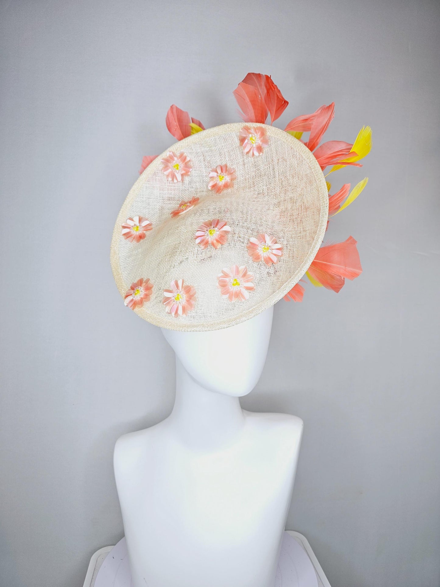 kentucky derby hat fascinator ivory white sinamay saucer with peach orange yellow sequin crystal beaded flowers,peach orange yellow feathers