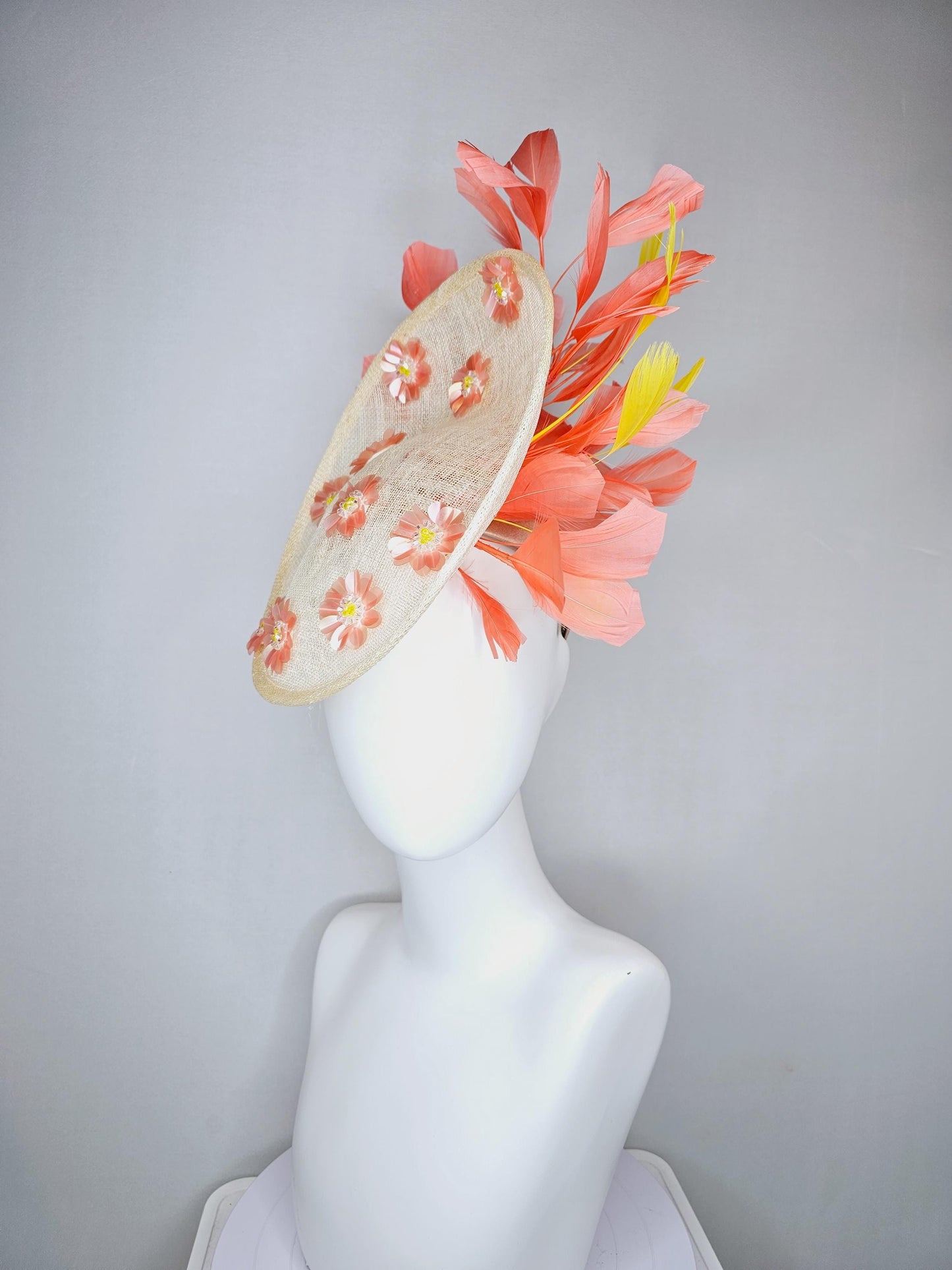 kentucky derby hat fascinator ivory white sinamay saucer with peach orange yellow sequin crystal beaded flowers,peach orange yellow feathers