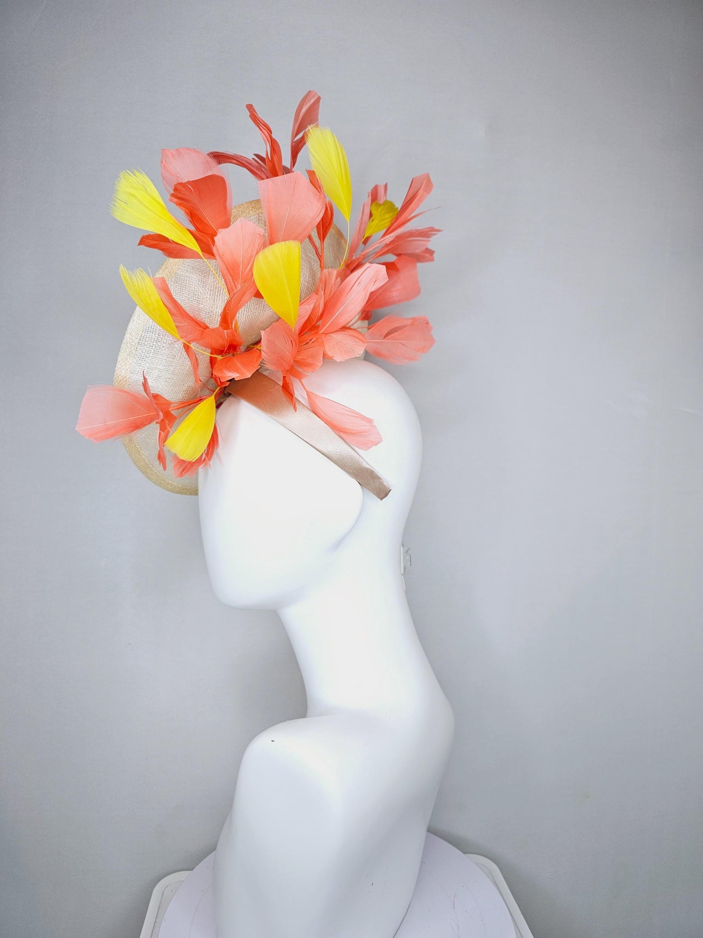 kentucky derby hat fascinator ivory white sinamay saucer with peach orange yellow sequin crystal beaded flowers,peach orange yellow feathers