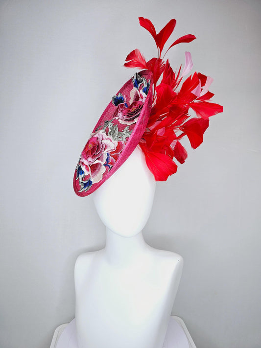 kentucky derby hat fascinator raspberry pink sinamay saucer with red pink blue green floral embroidered, scarlet red and light pink feathers