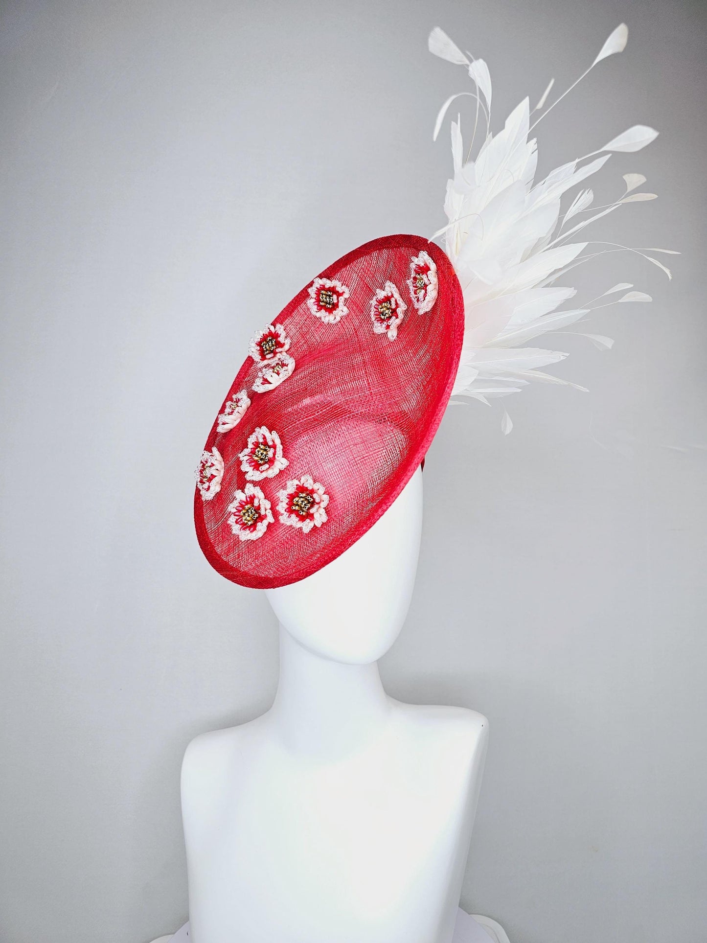 kentucky derby hat fascinator red sinamay saucer with pearl red gold crystal jewel beaded flowers and white feathers