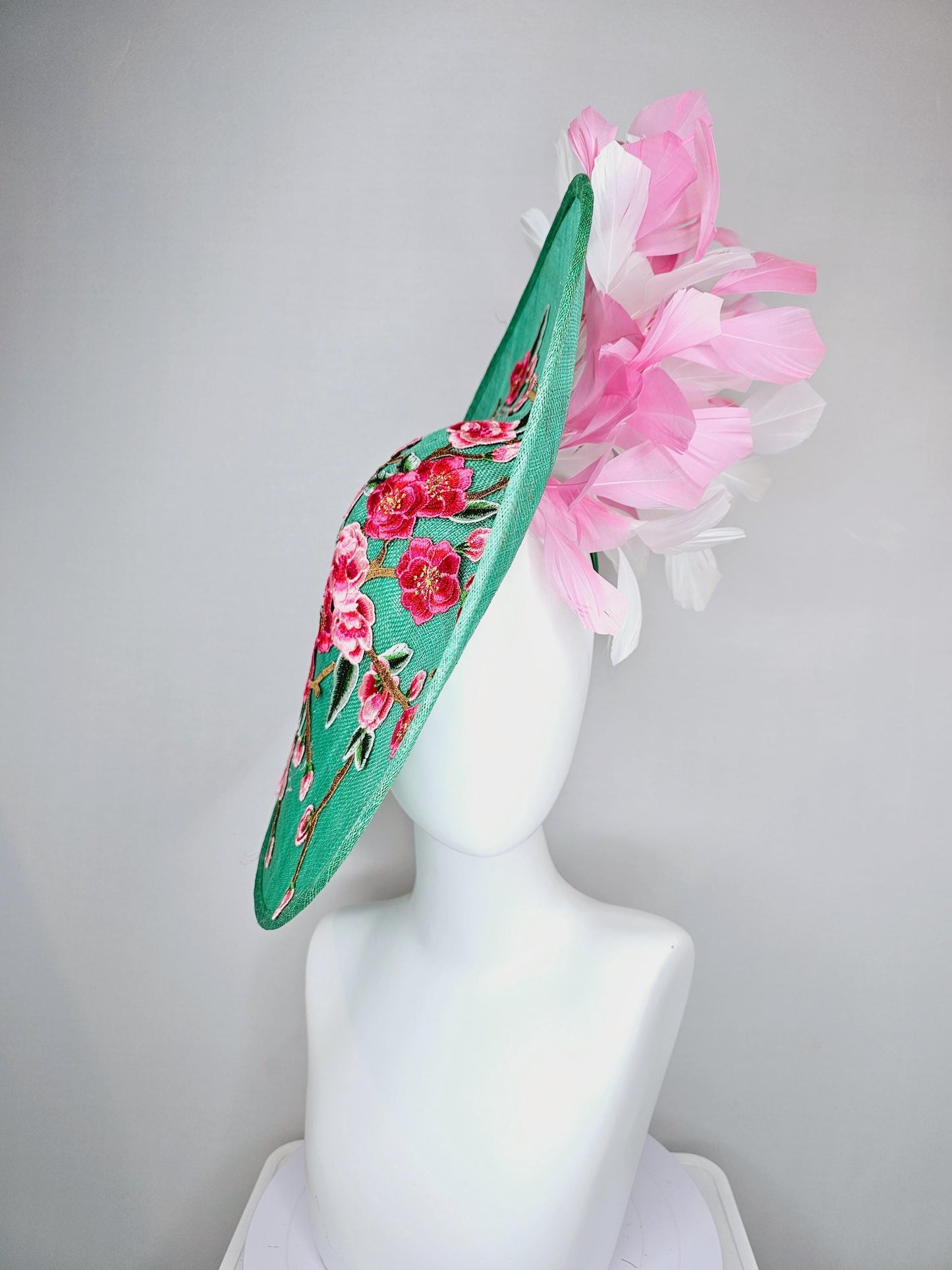 kentucky derby hat fascinator large mint green sinamay saucer with pink red green brown embroidered flowers, blush pink and white feathers