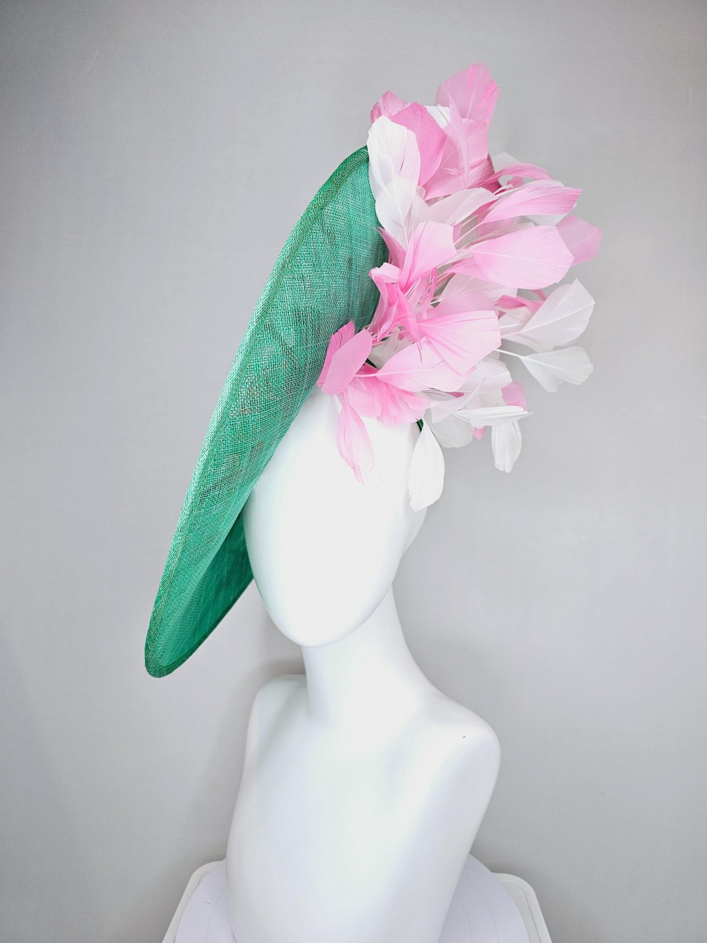 kentucky derby hat fascinator large mint green sinamay saucer with pink red green brown embroidered flowers, blush pink and white feathers