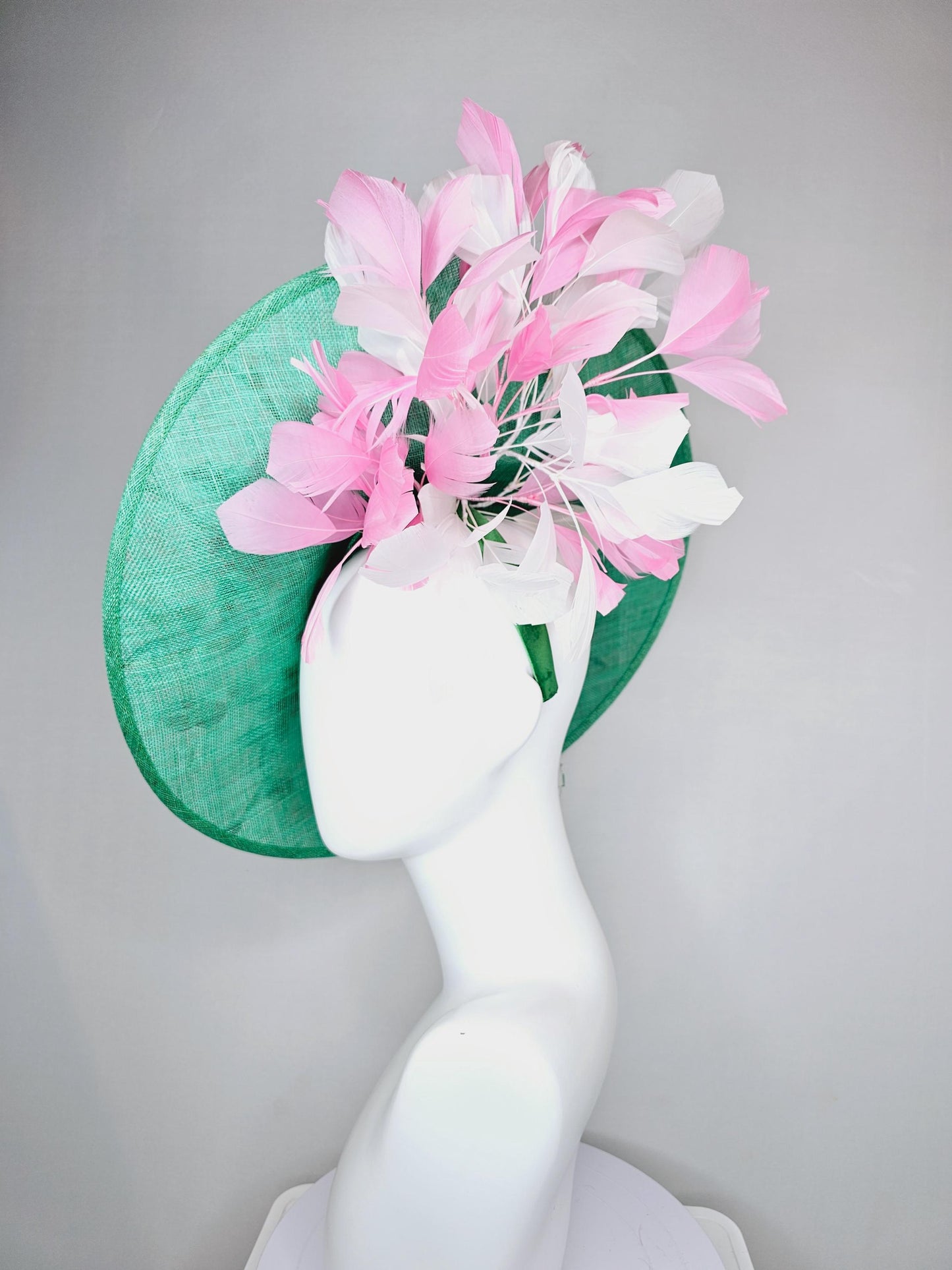 kentucky derby hat fascinator large mint green sinamay saucer with pink red green brown embroidered flowers, blush pink and white feathers