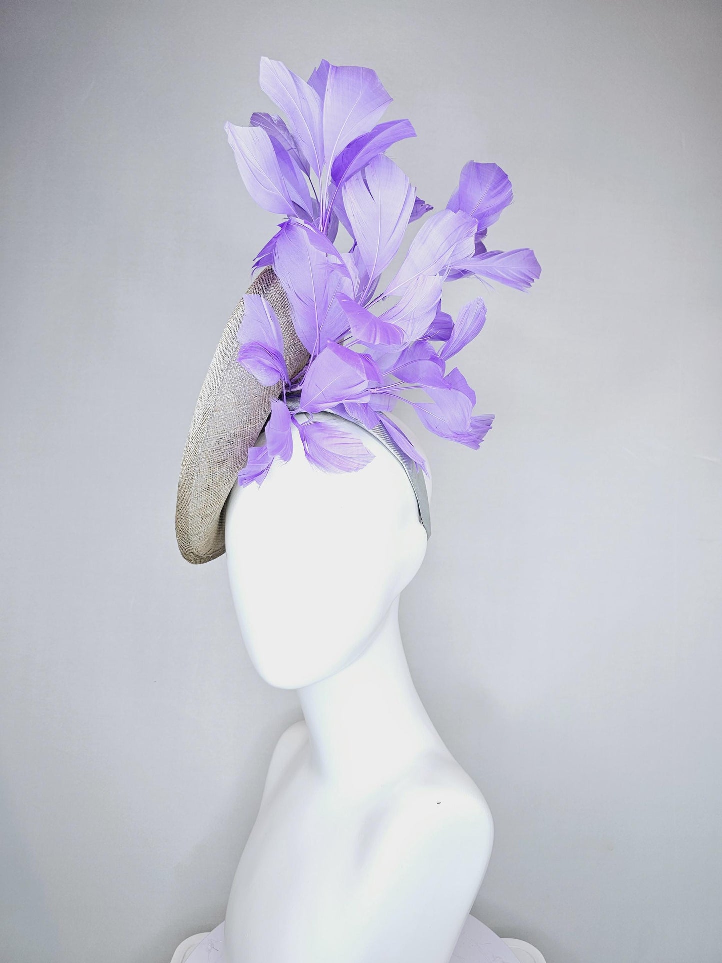 kentucky derby hat fascinator light gray sinamay saucer with silver lilac cooper crystal jewel beaded flowers and lavender purple feathers