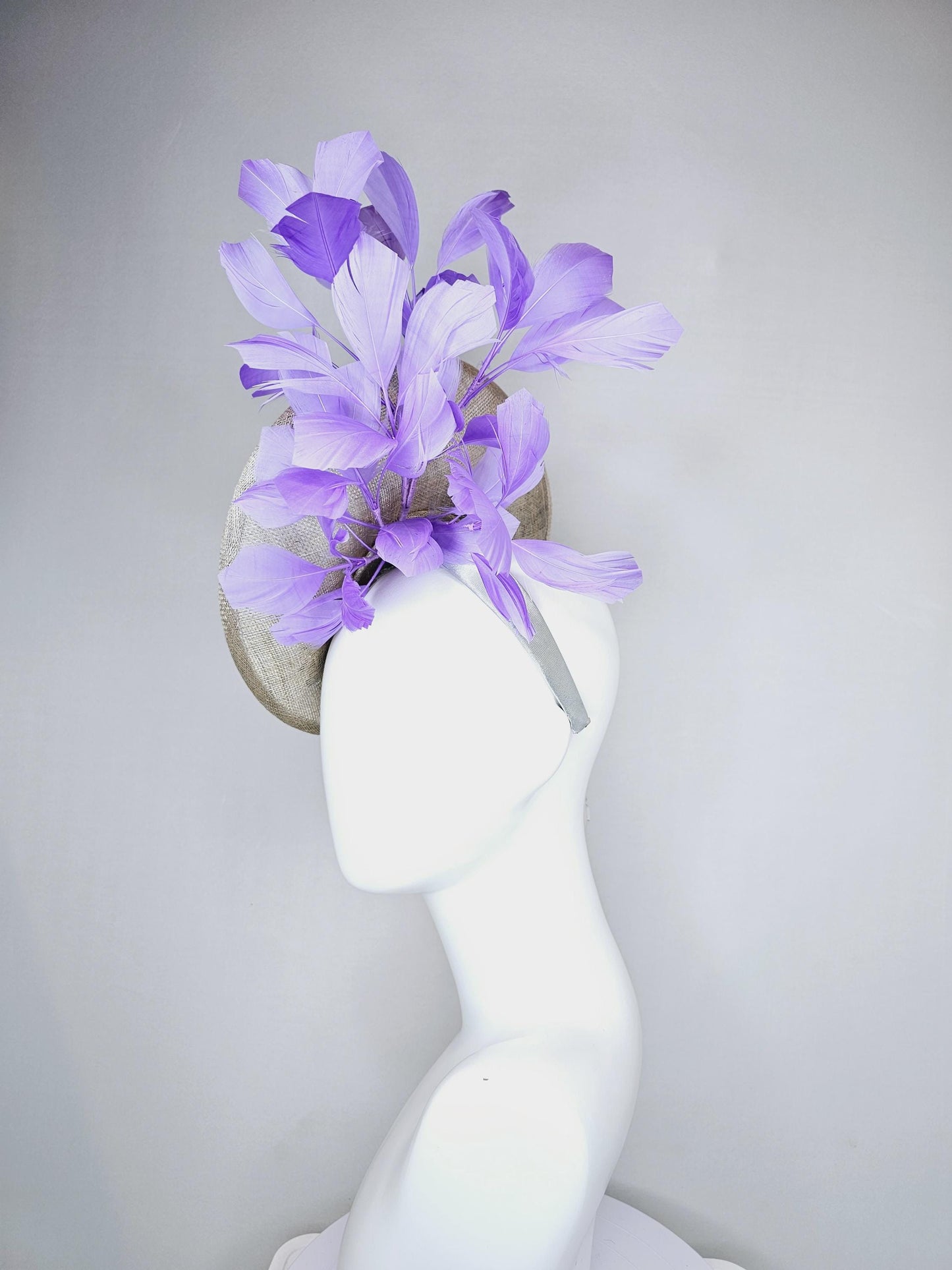 kentucky derby hat fascinator light gray sinamay saucer with silver lilac cooper crystal jewel beaded flowers and lavender purple feathers