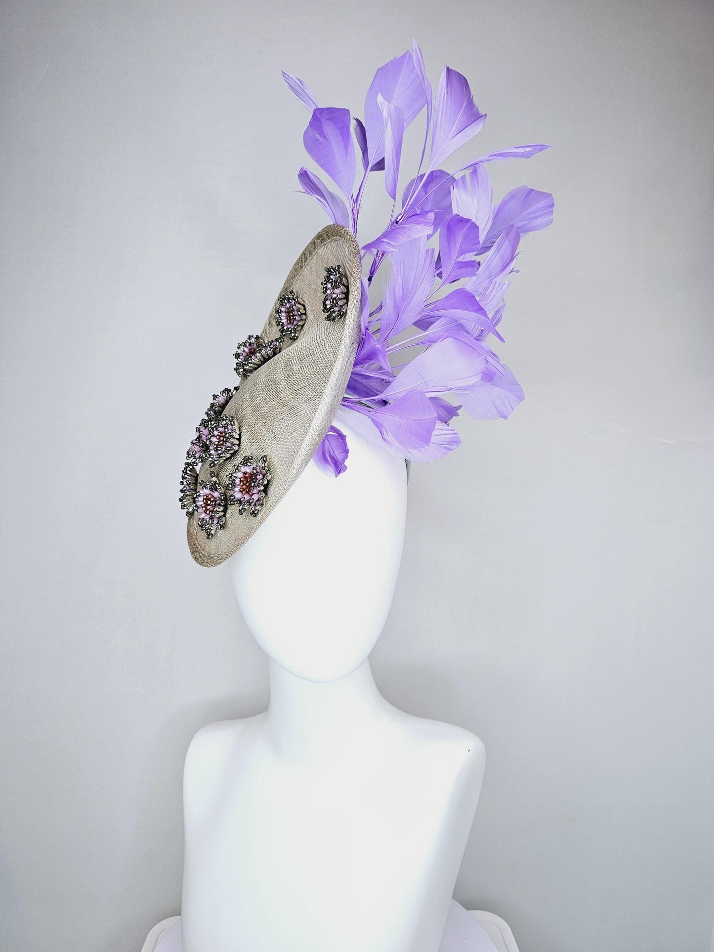 kentucky derby hat fascinator light gray sinamay saucer with silver lilac cooper crystal jewel beaded flowers and lavender purple feathers