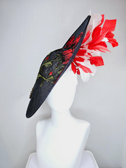 kentucky derby hat fascinator black sinamay saucer red roses embroidered and colorful rhinestones crystal bow, white red branching feathers