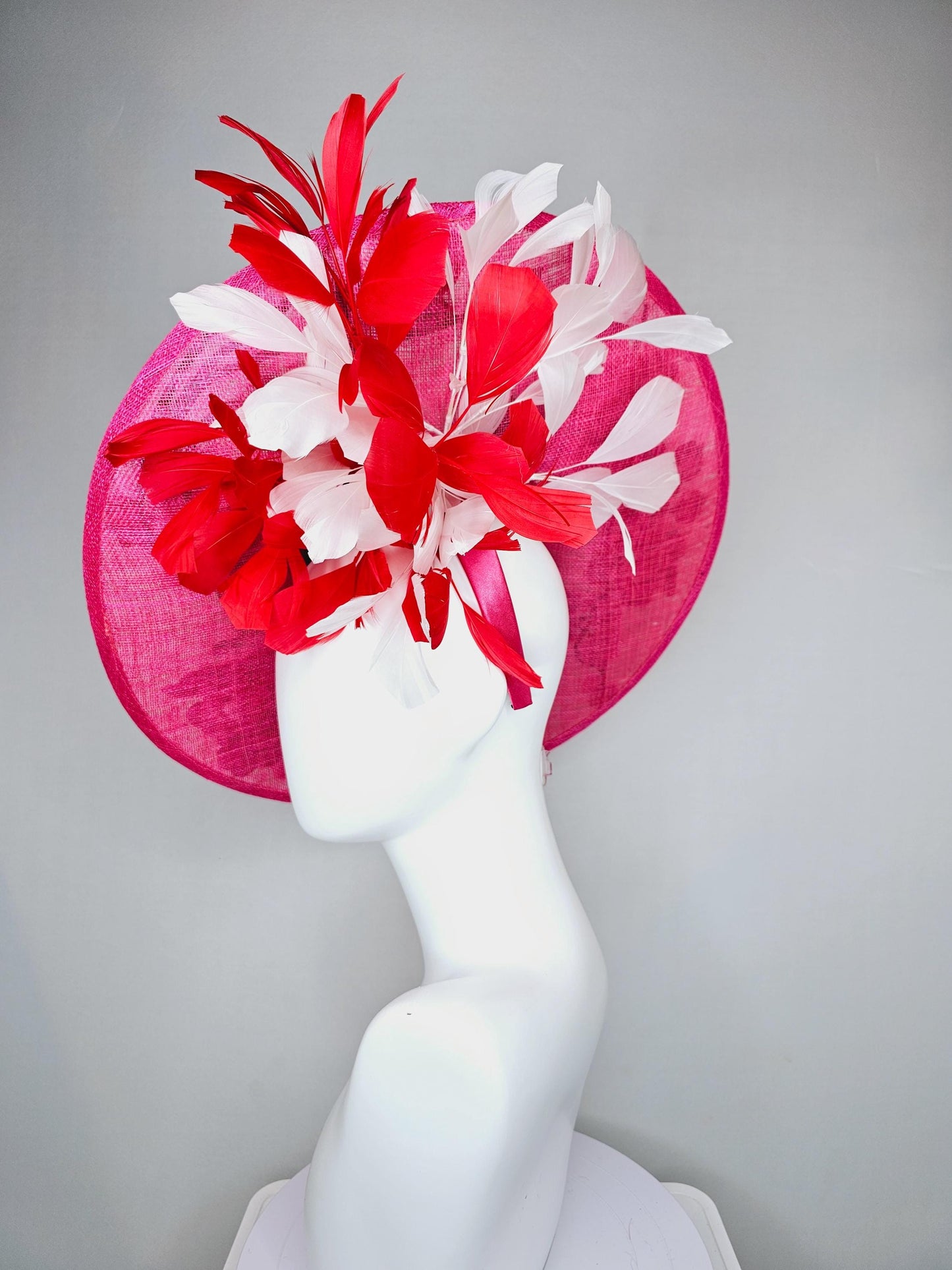 kentucky derby hat fascinator hot pink large saucer with red,pink,white embroidered flowers,green leaves,red and white branching feathers