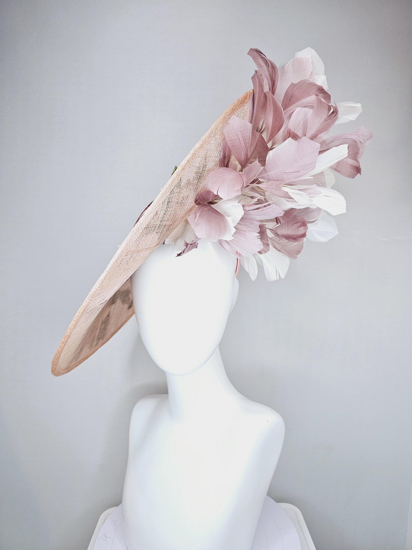 kentucky derby hat fascinator taupe beige neutral large saucer sinamay,with pink,burgundy,white floral embroidered,white dusty pink feathers