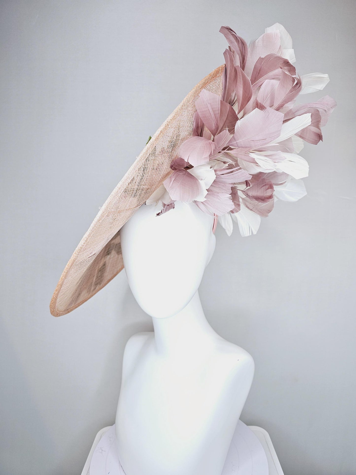 kentucky derby hat fascinator taupe beige neutral large saucer sinamay,with pink,burgundy,white floral embroidered,white dusty pink feathers