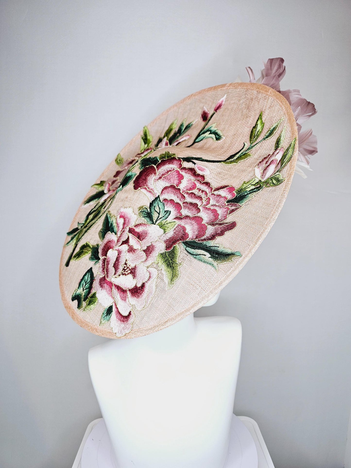 kentucky derby hat fascinator taupe beige neutral large saucer sinamay,with pink,burgundy,white floral embroidered,white dusty pink feathers